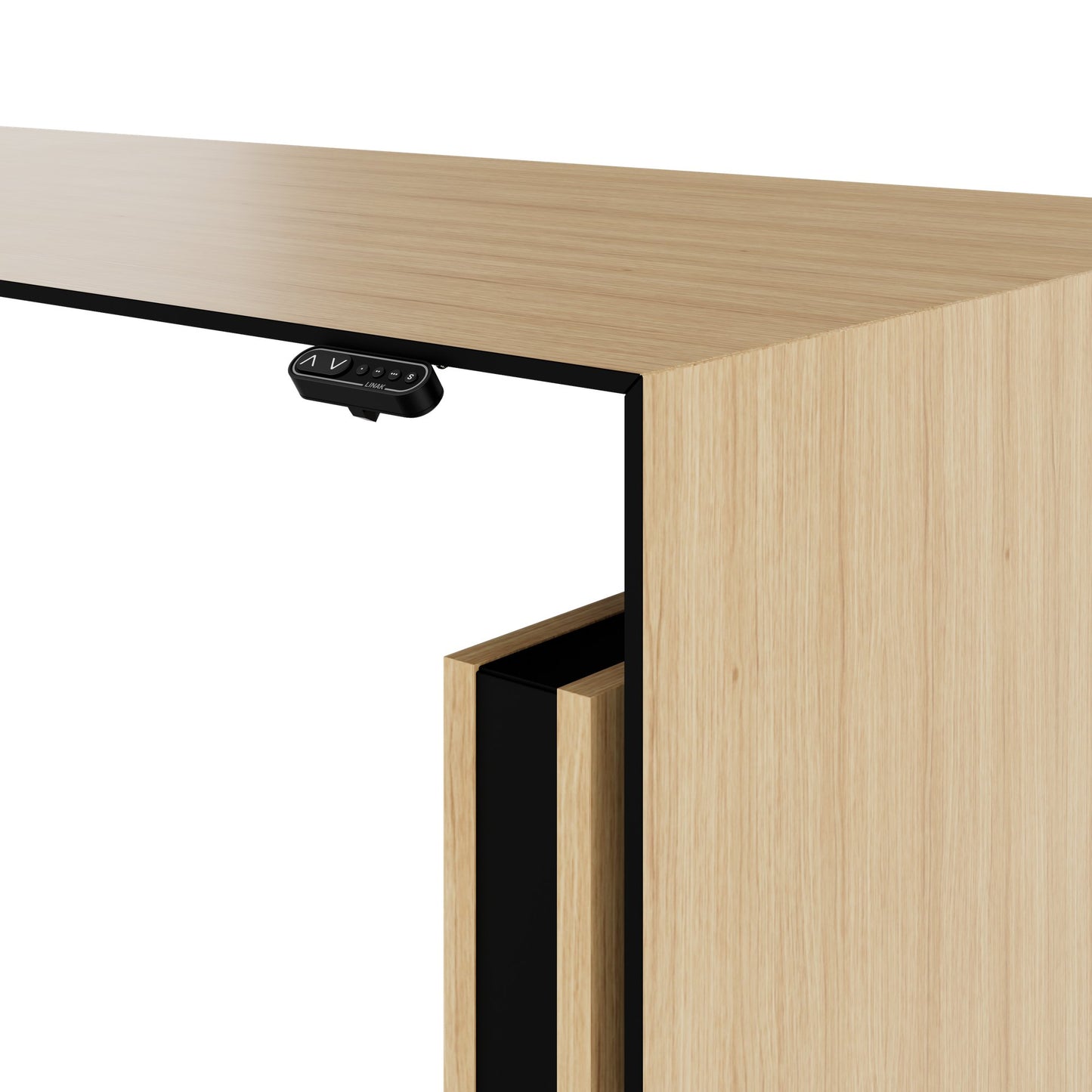 MOTION 2 motor desk with sideboard | Electrically height adjustable, 2000 x 1800 mm, oak veneer