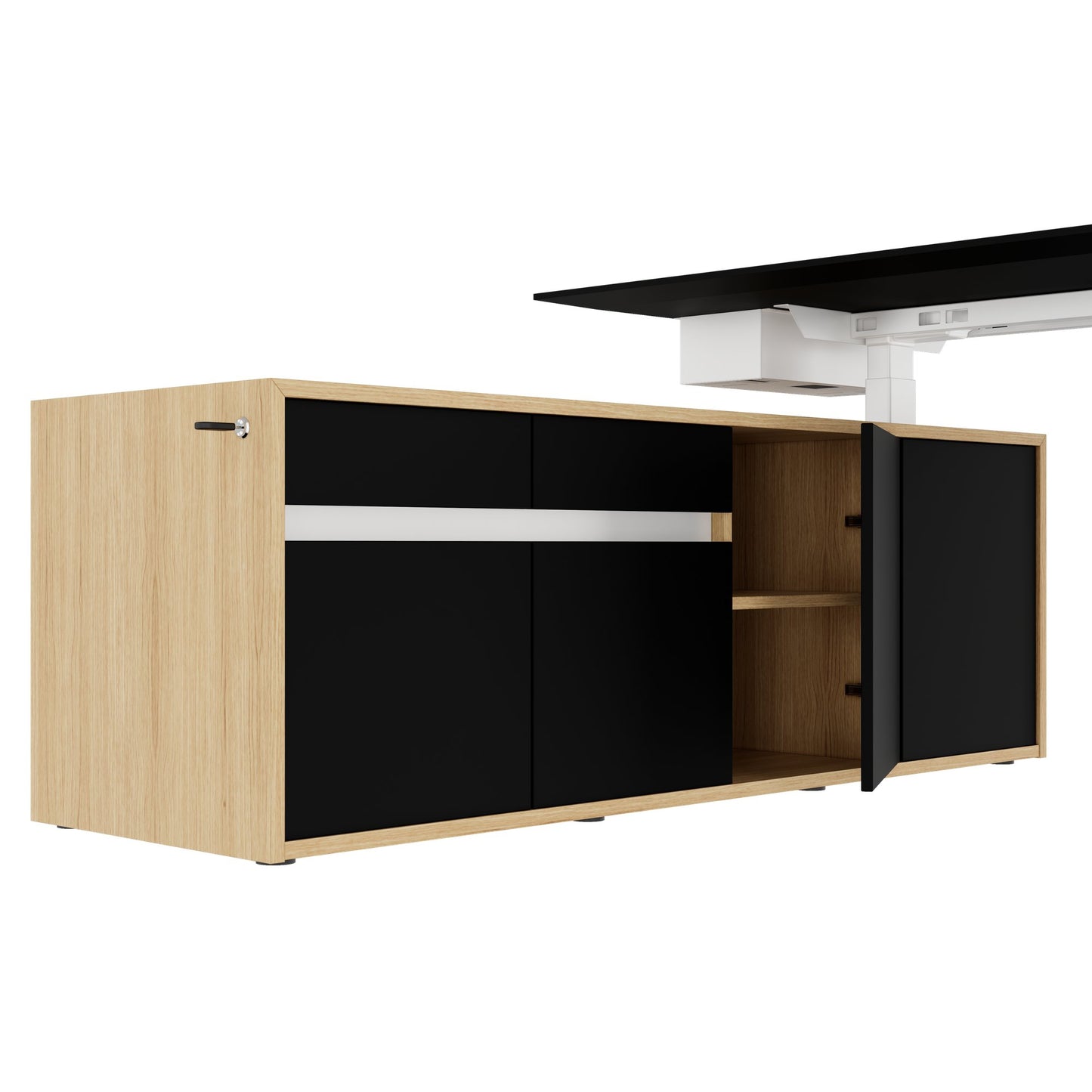 MOTION 2 motor desk with sideboard | Electrically height adjustable, 2000 x 1800 mm, oak veneer