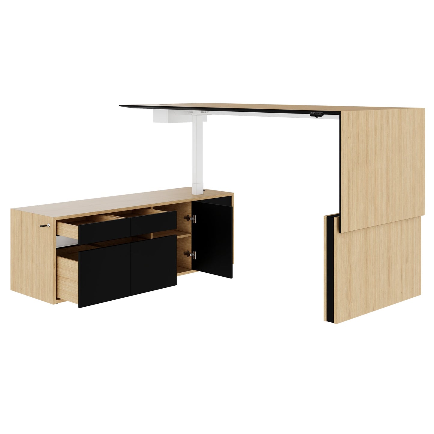 MOTION 2 motor desk with sideboard | Electrically height adjustable, 2000 x 1800 mm, oak veneer