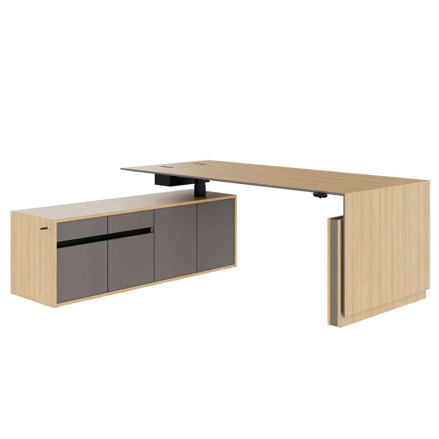 MOTION 2 motor desk with sideboard | Electrically height adjustable, 2000 x 1800 mm, oak veneer