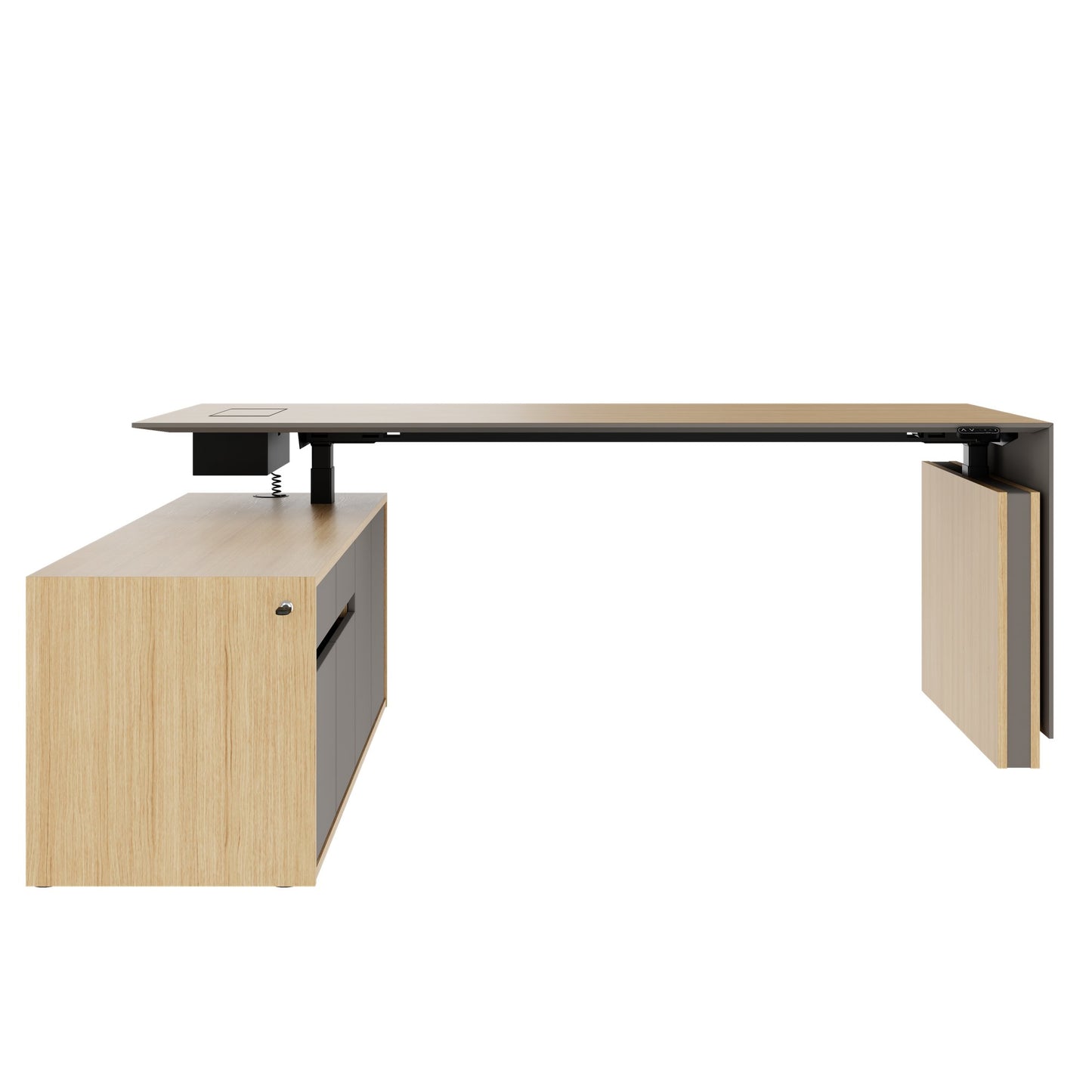 MOTION 2 motor desk with sideboard | Electrically height adjustable, 2000 x 1800 mm, oak veneer