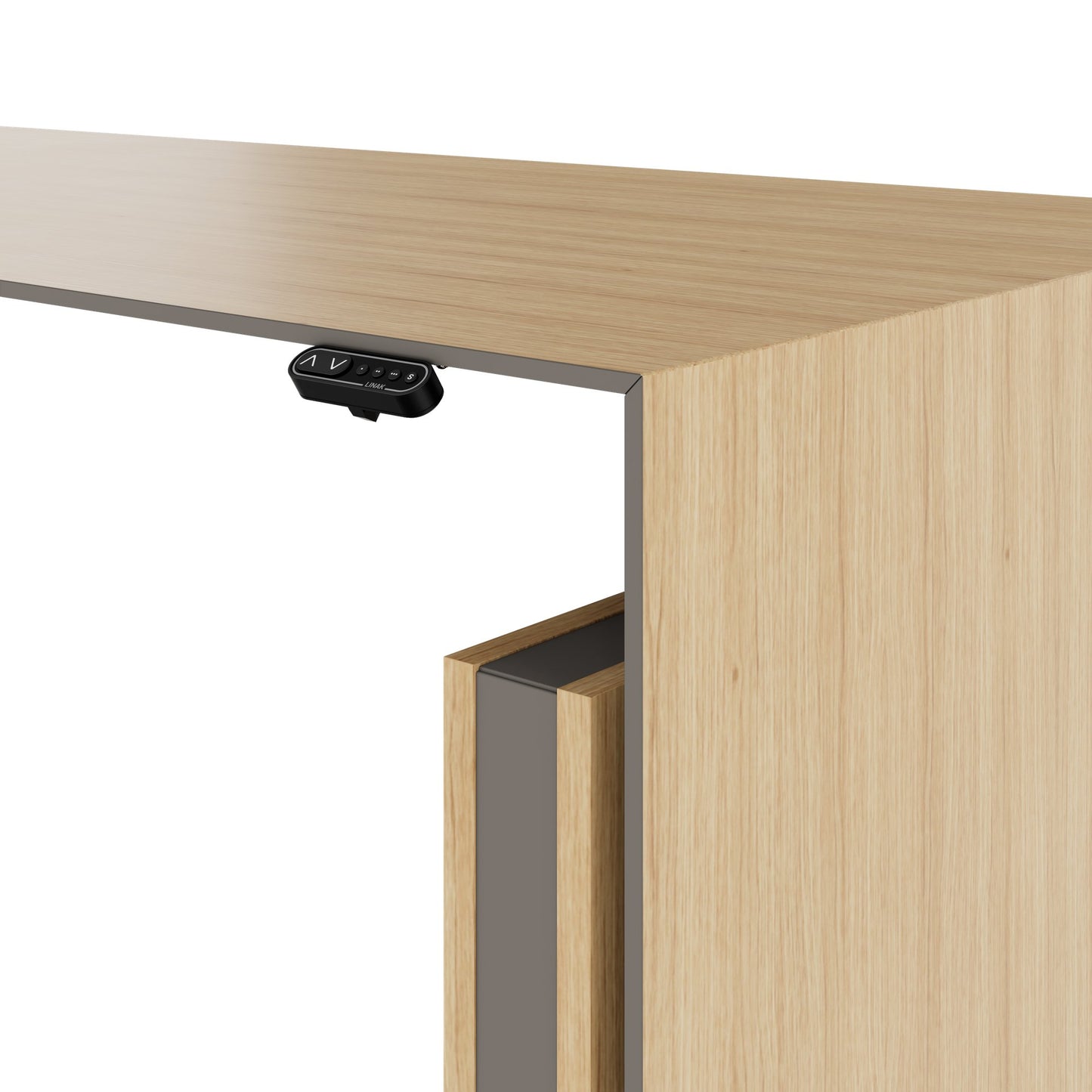 MOTION 2 motor desk with sideboard | Electrically height adjustable, 2000 x 1800 mm, oak veneer
