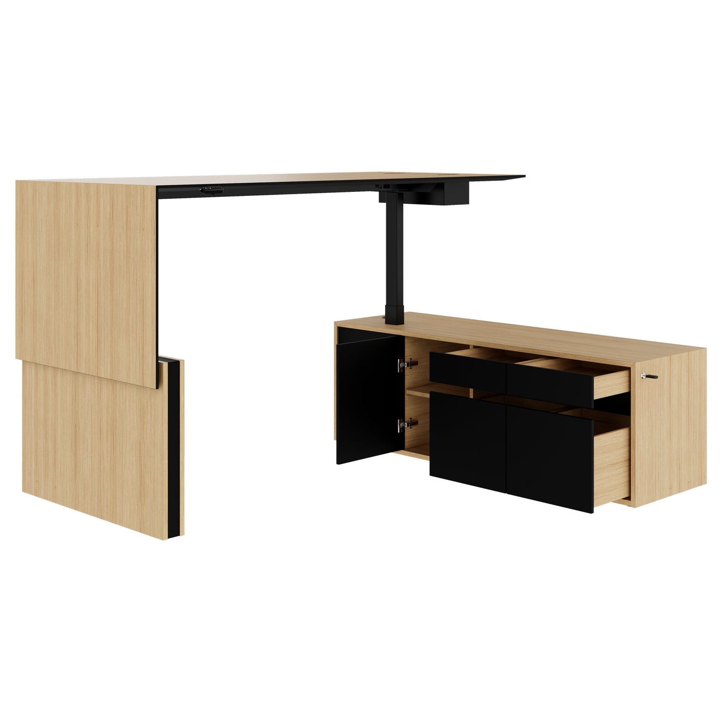 MOTION 2 motor desk with sideboard | Electrically height adjustable, 2000 x 1800 mm, oak veneer