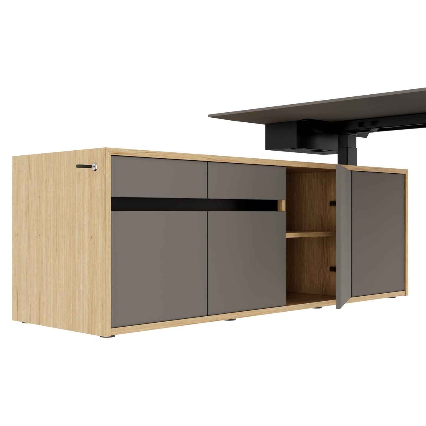 MOTION 2 motor desk with sideboard | Electrically height adjustable, 2000 x 1800 mm, oak veneer