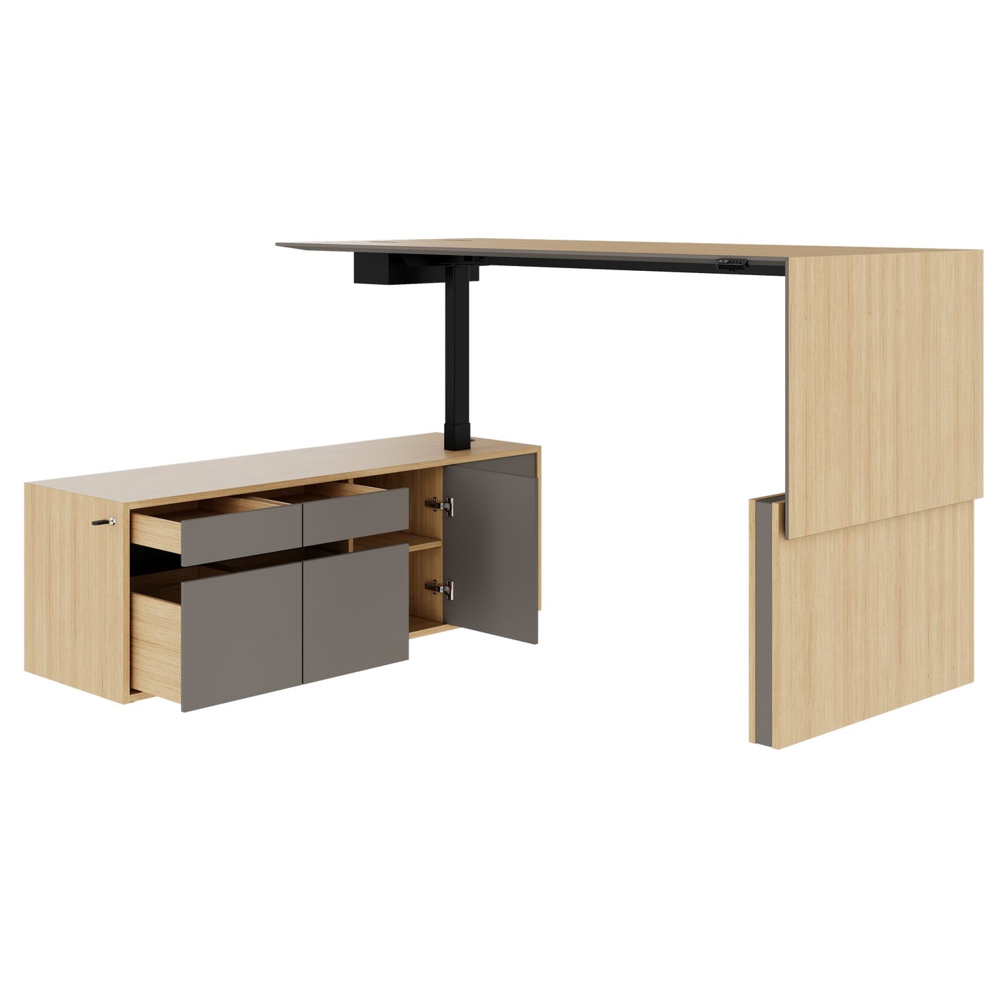 MOTION 2 motor desk with sideboard | Electrically height adjustable, 2000 x 1800 mm, oak veneer