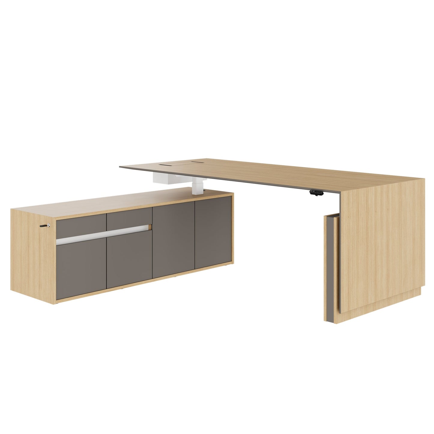 MOTION 2 motor desk with sideboard | Electrically height adjustable, 2000 x 1800 mm, oak veneer