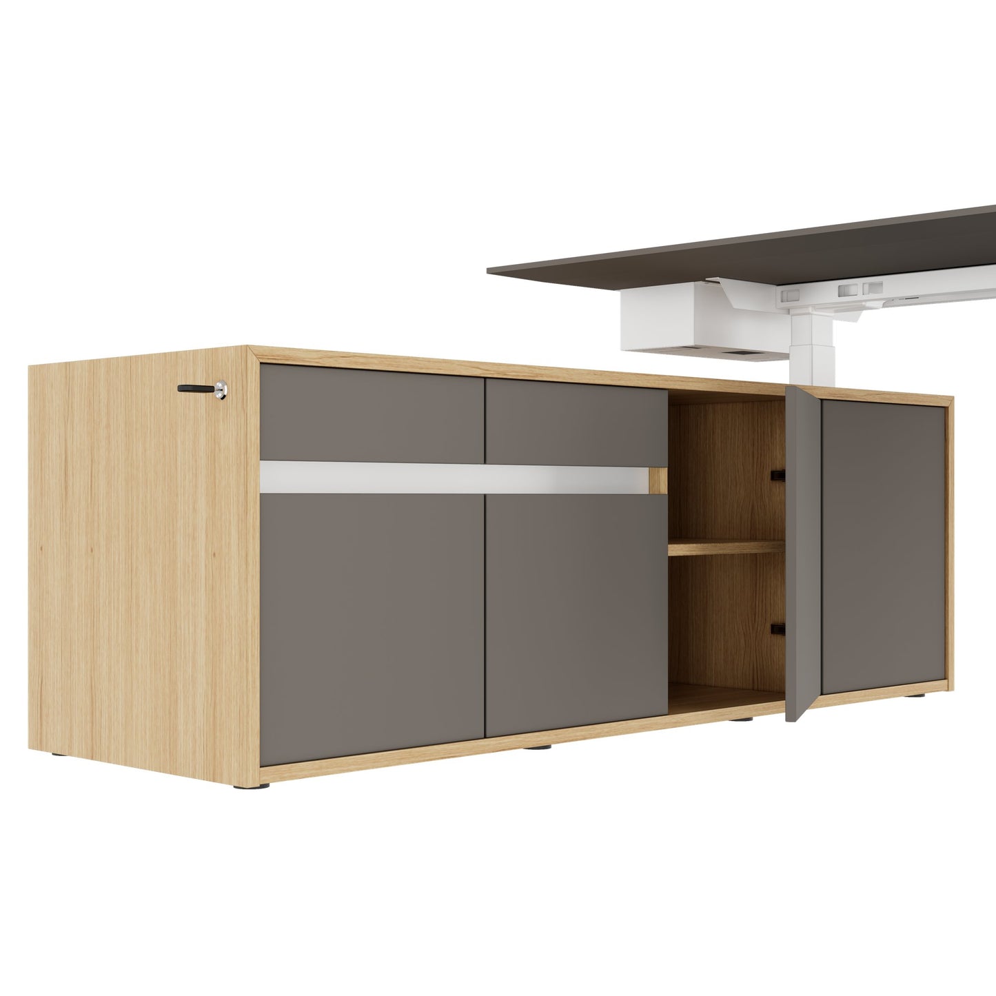 MOTION 2 motor desk with sideboard | Electrically height adjustable, 2000 x 1800 mm, oak veneer
