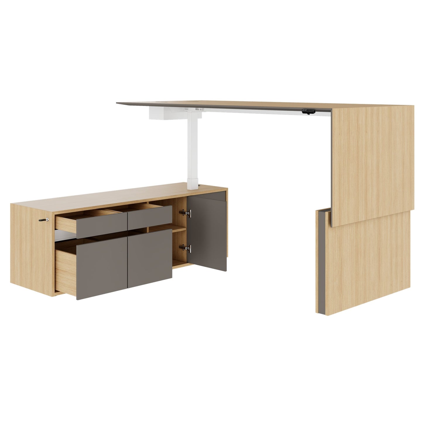 MOTION 2 motor desk with sideboard | Electrically height adjustable, 2000 x 1800 mm, oak veneer