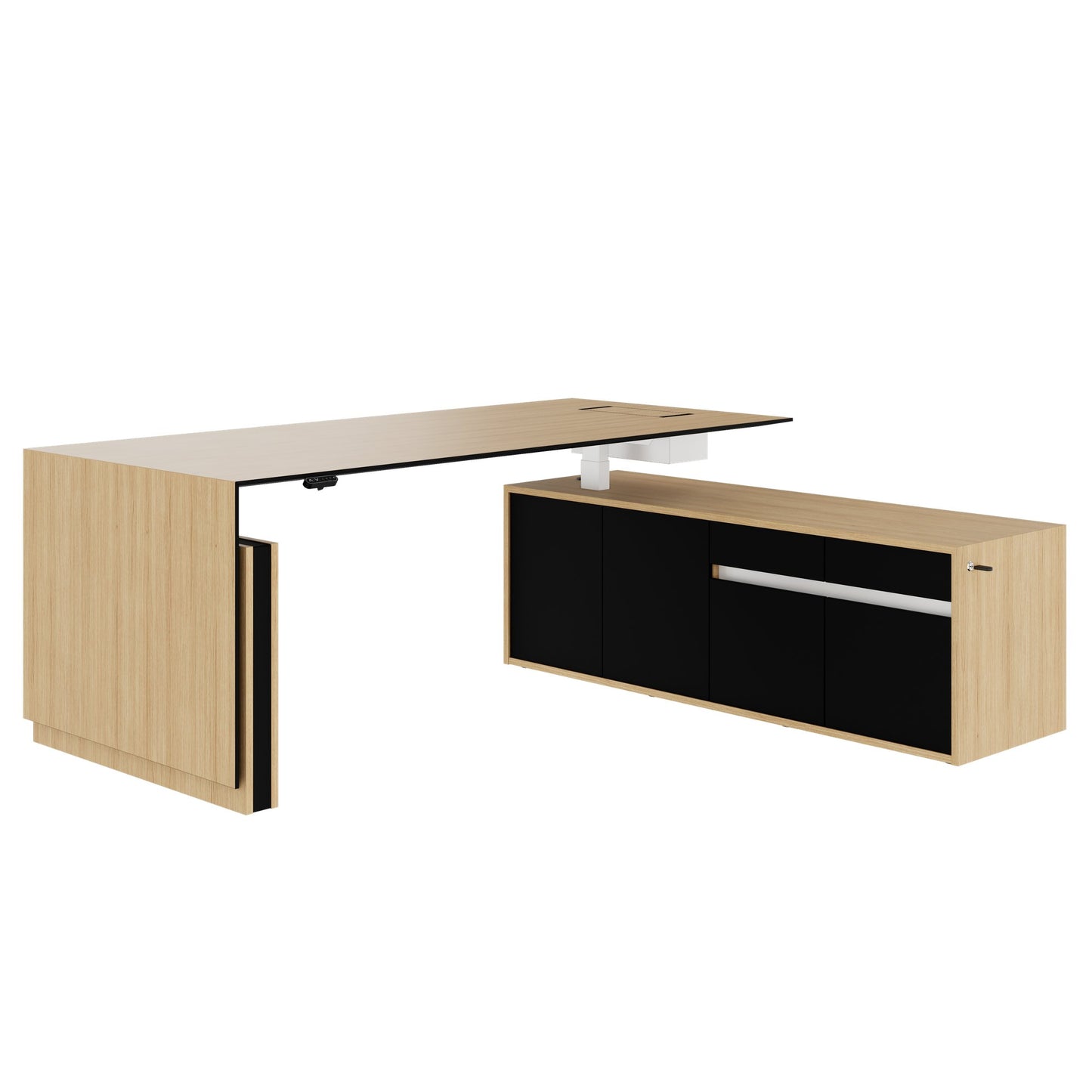 MOTION 2 motor desk with sideboard | Electrically height adjustable, 2000 x 1800 mm, oak veneer