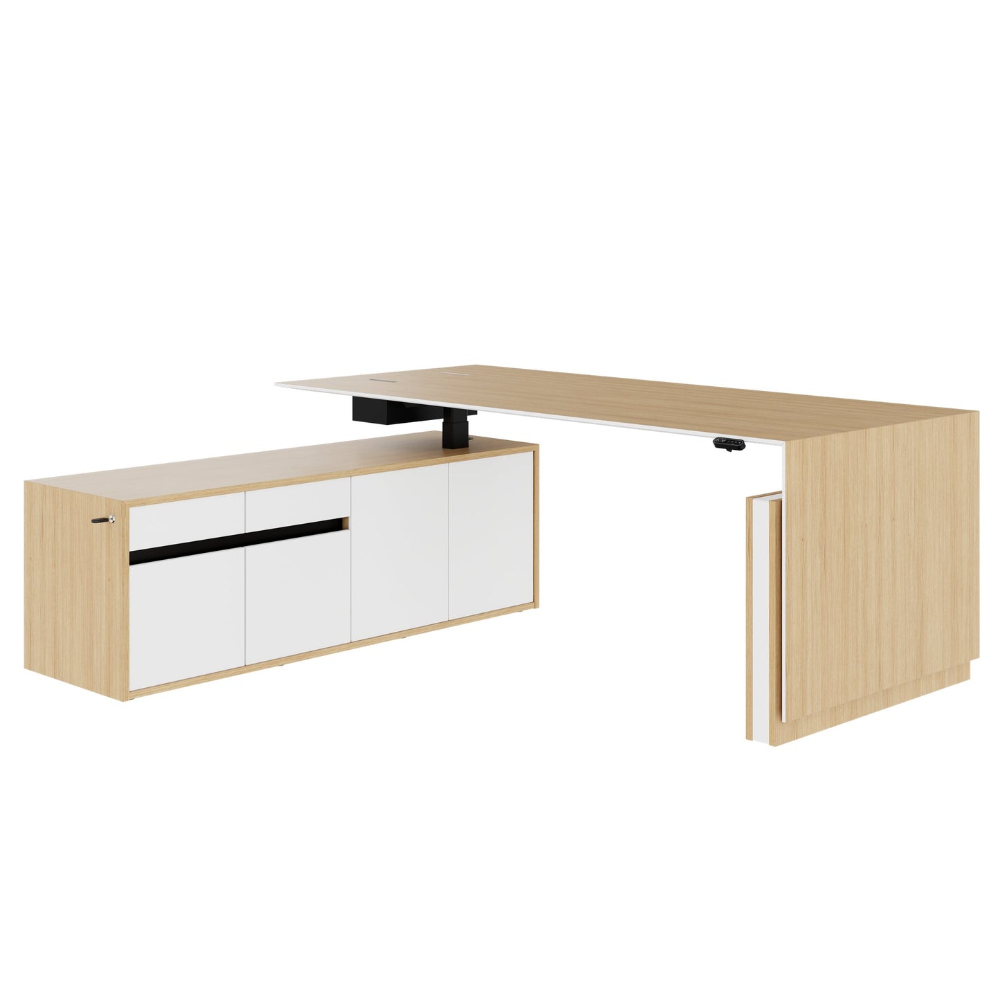 MOTION 2 motor desk with sideboard | Electrically height adjustable, 2000 x 1800 mm, oak veneer
