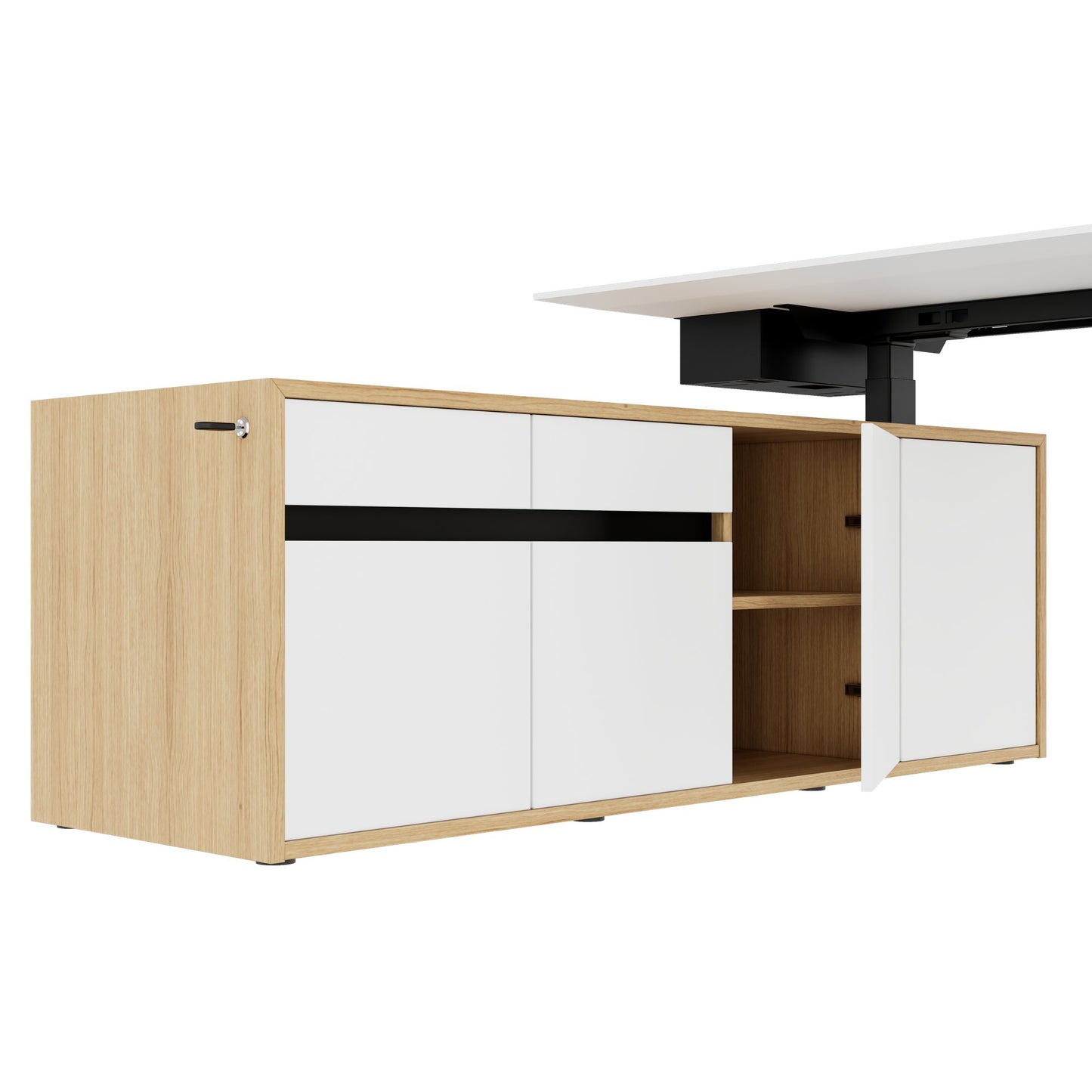 MOTION 2 motor desk with sideboard | Electrically height adjustable, 2000 x 1800 mm, oak veneer