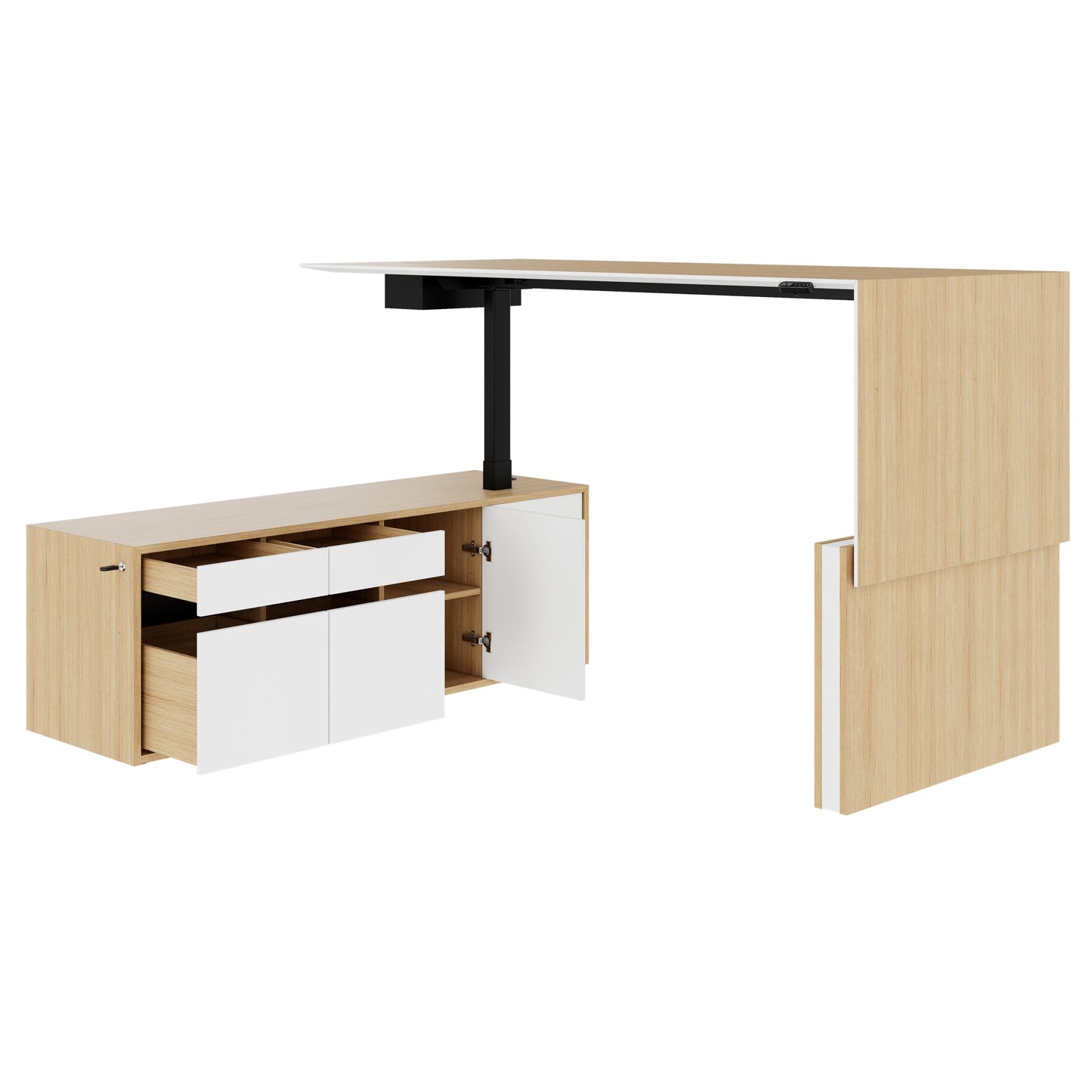 MOTION 2 motor desk with sideboard | Electrically height adjustable, 2000 x 1800 mm, oak veneer