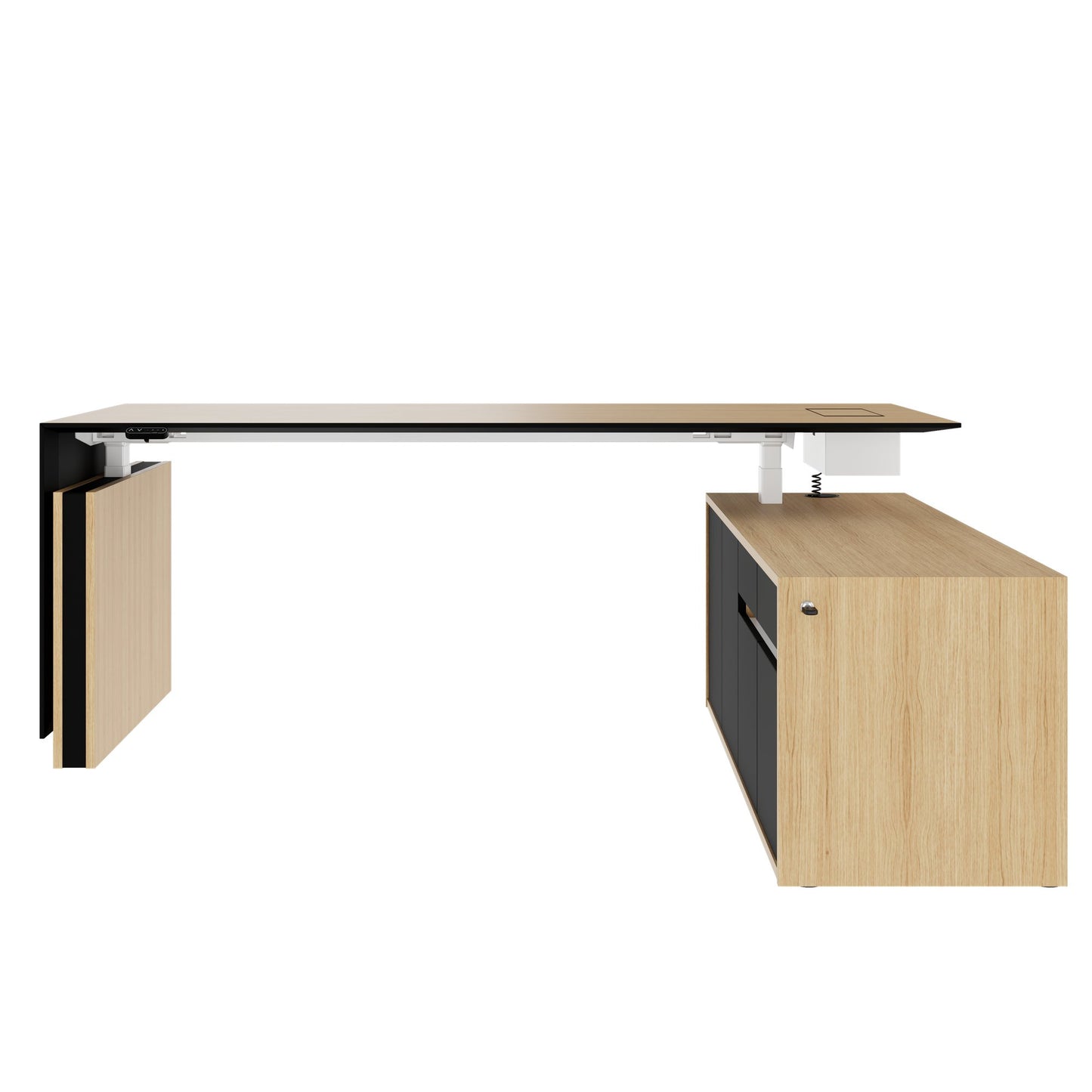 MOTION 2 motor desk with sideboard | Electrically height adjustable, 2000 x 1800 mm, oak veneer