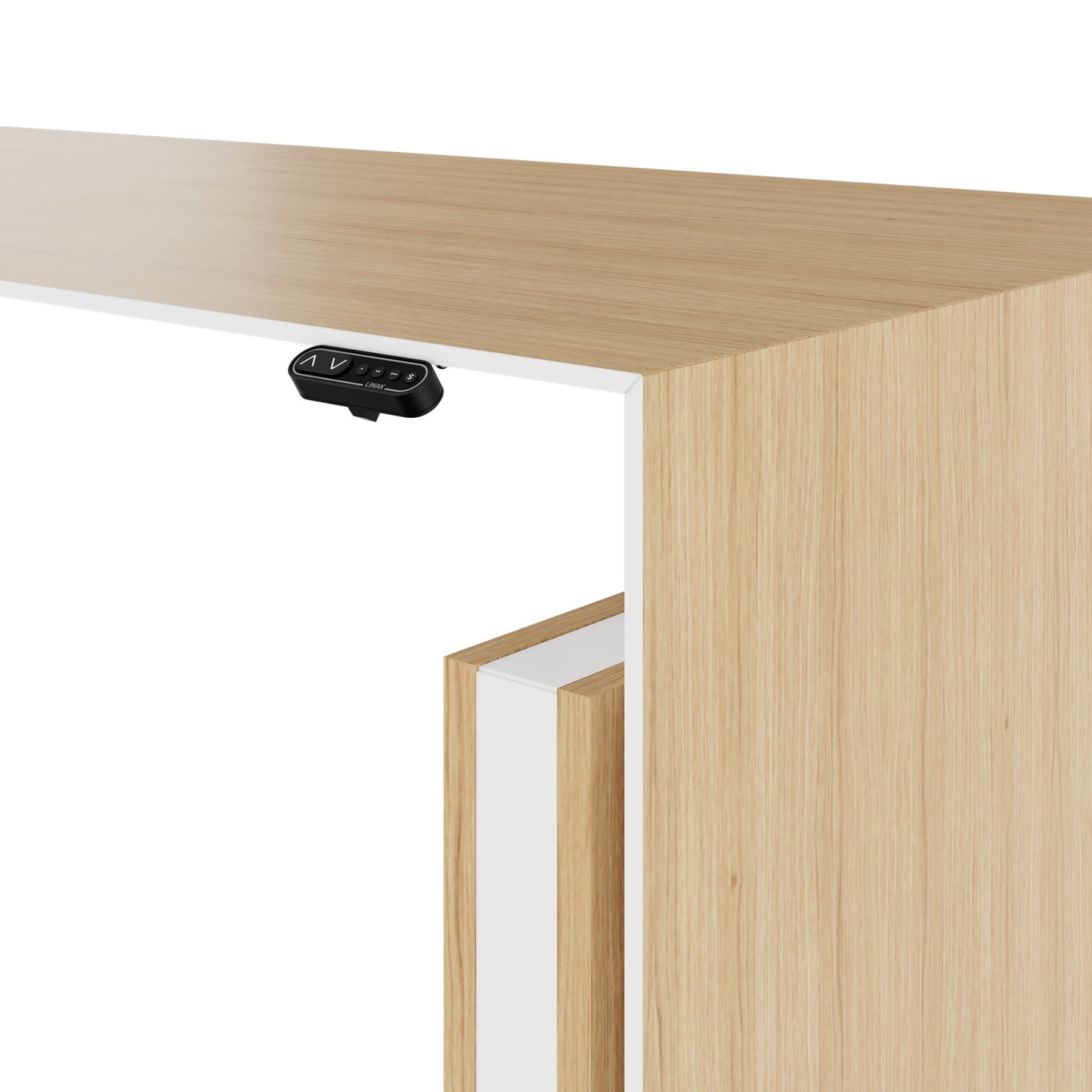 MOTION 2 motor desk with sideboard | Electrically height adjustable, 2000 x 1800 mm, oak veneer