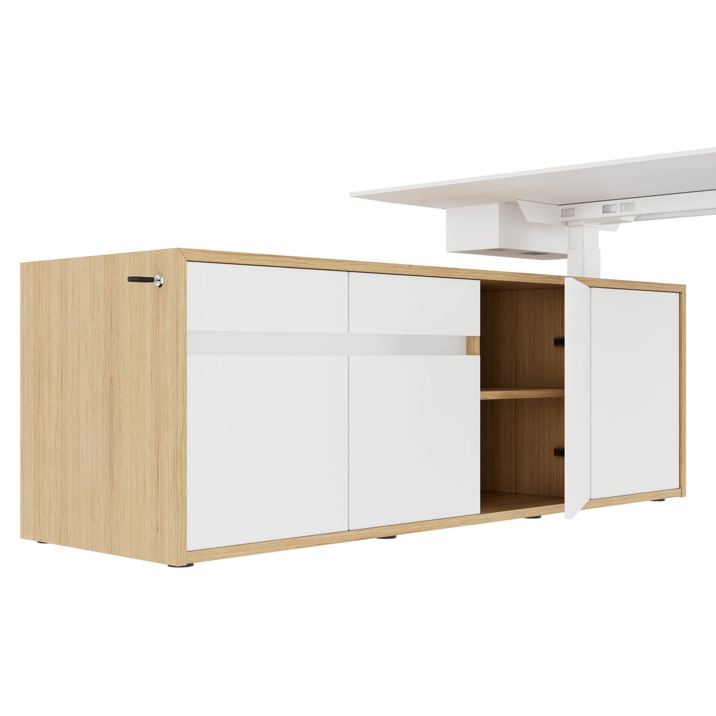 MOTION 2 motor desk with sideboard | Electrically height adjustable, 2000 x 1800 mm, oak veneer
