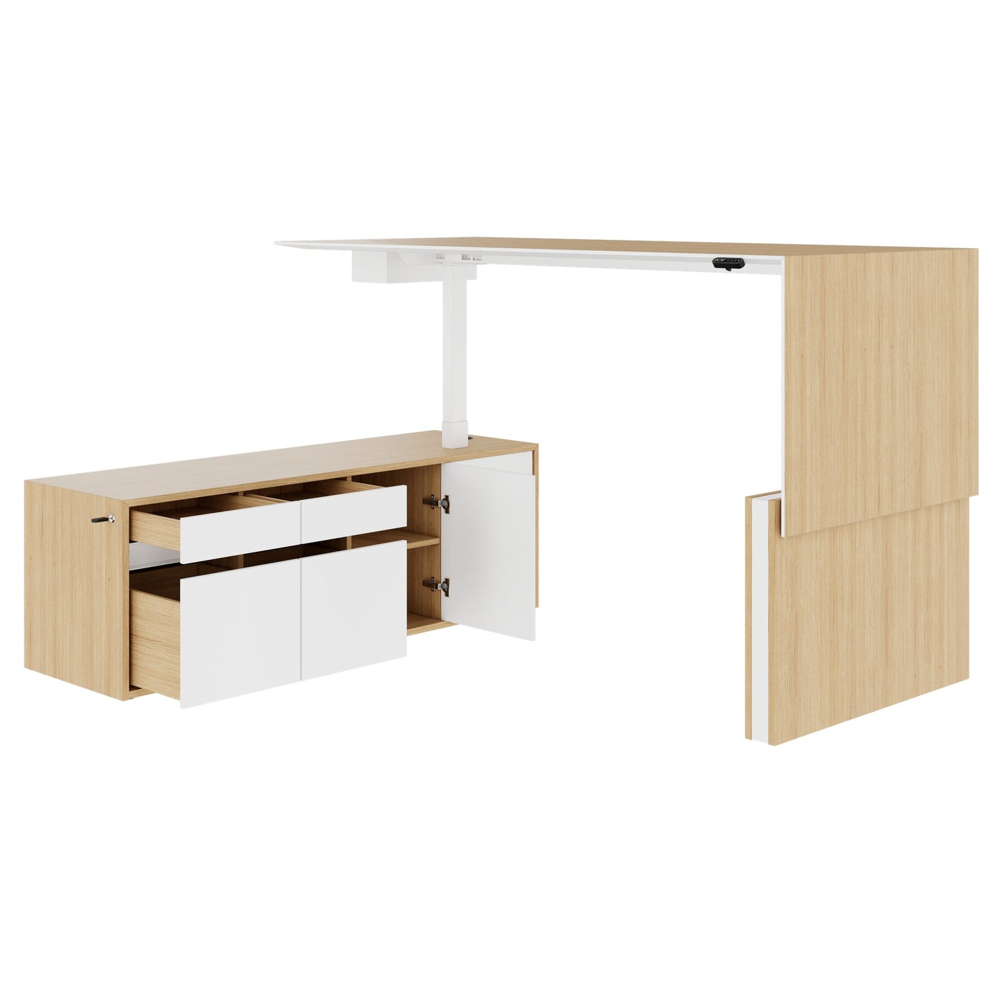 MOTION 2 motor desk with sideboard | Electrically height adjustable, 2000 x 1800 mm, oak veneer