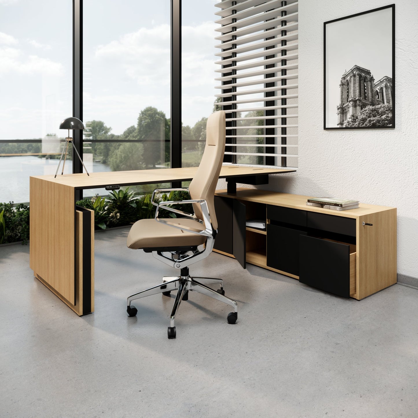 MOTION 2 motor desk with sideboard | Electrically height adjustable, 2000 x 1800 mm, oak veneer