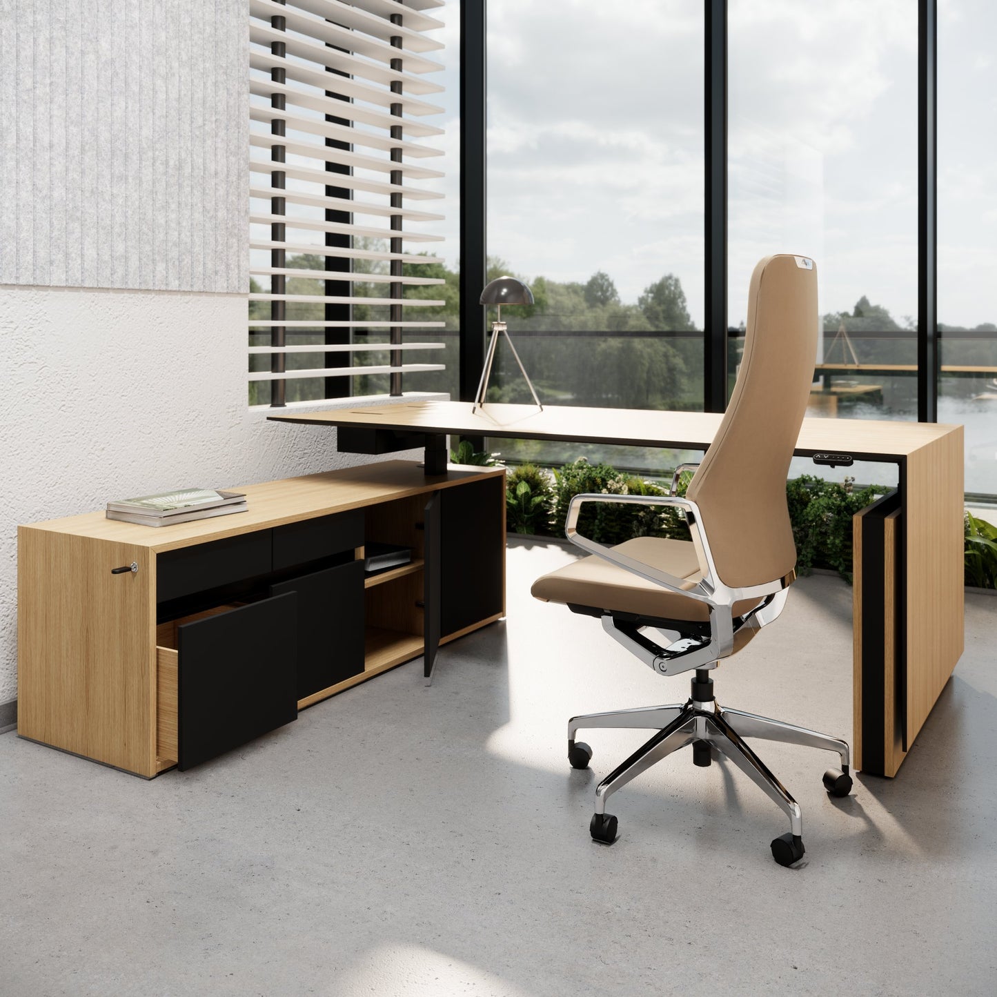 MOTION 2 motor desk with sideboard | Electrically height adjustable, 2000 x 1800 mm, oak veneer