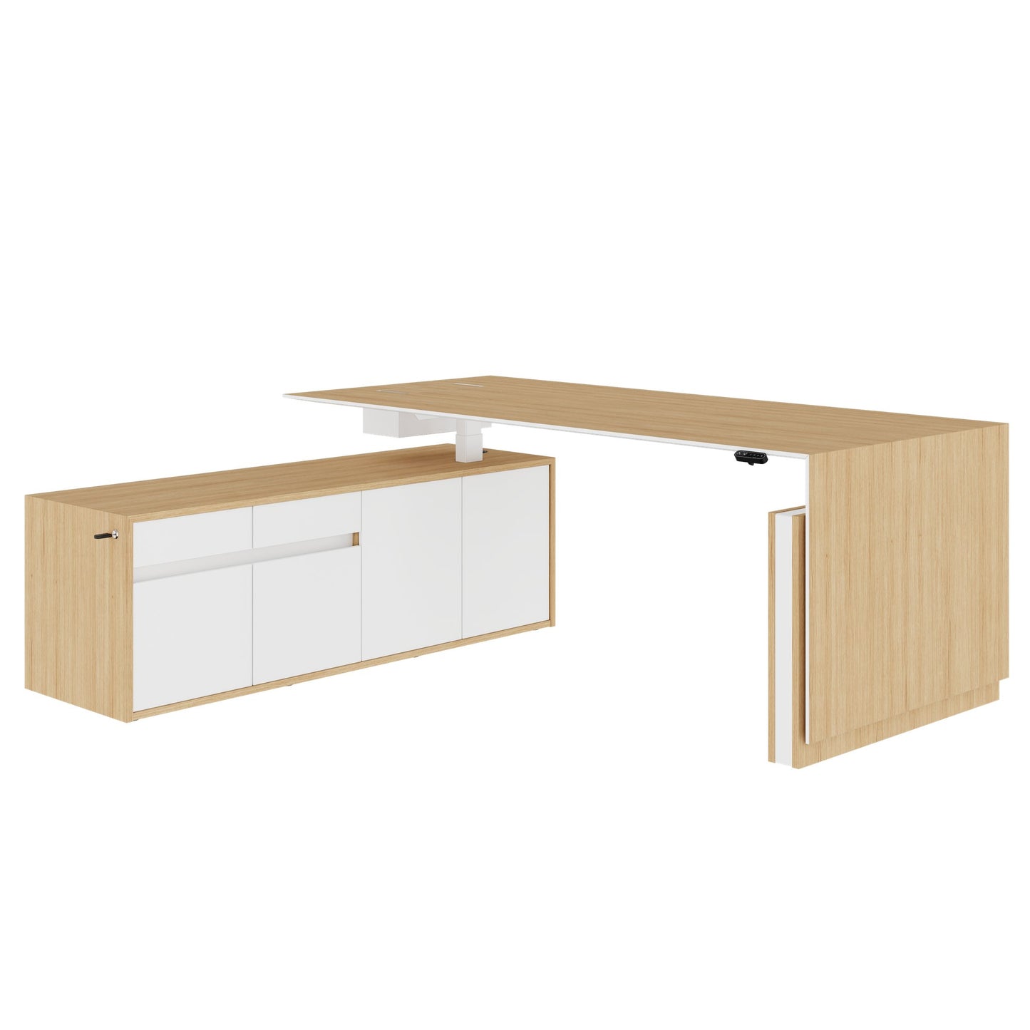 MOTION 2 motor desk with sideboard | Electrically height adjustable, 2000 x 1800 mm, oak veneer