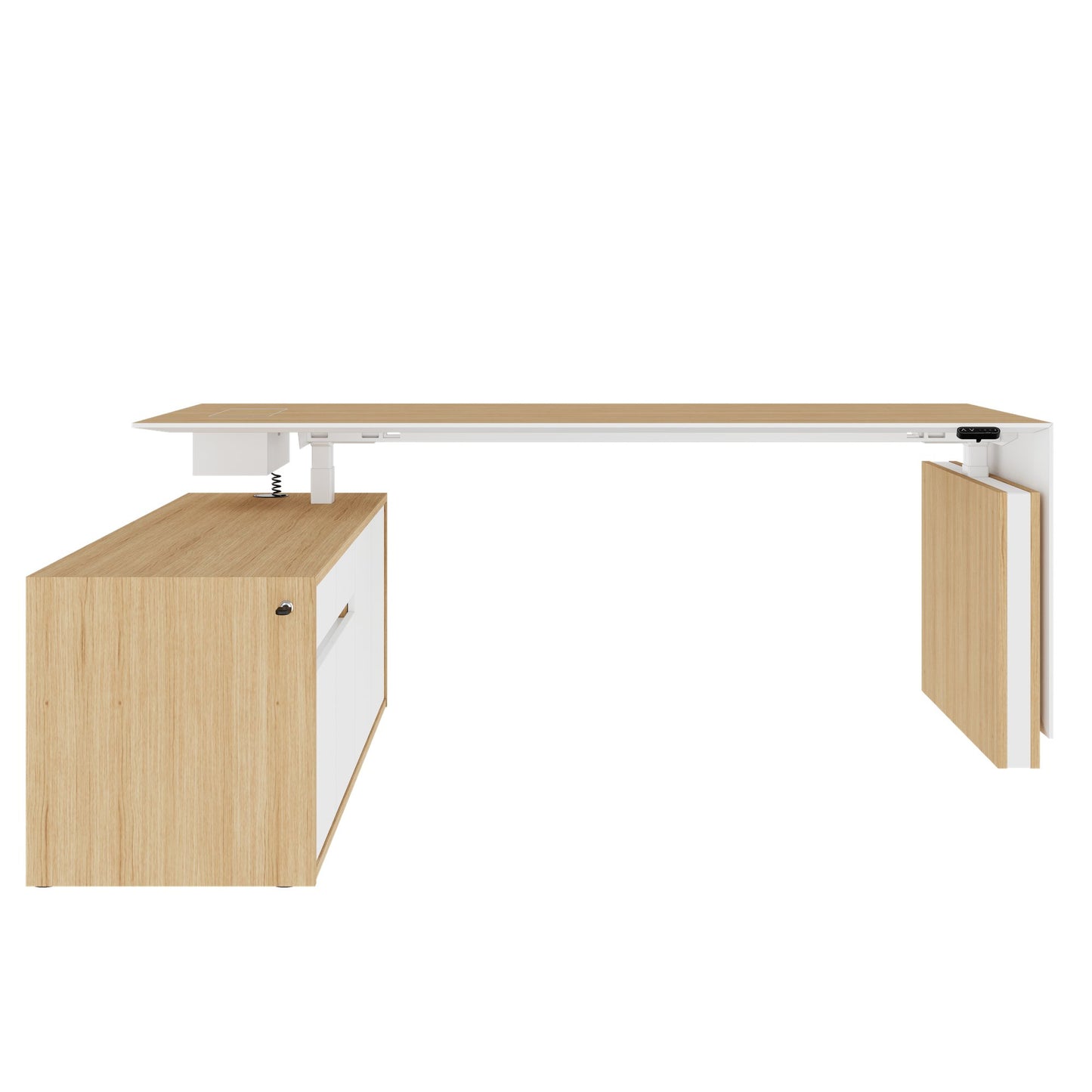 MOTION 2 motor desk with sideboard | Electrically height adjustable, 2000 x 1800 mm, oak veneer