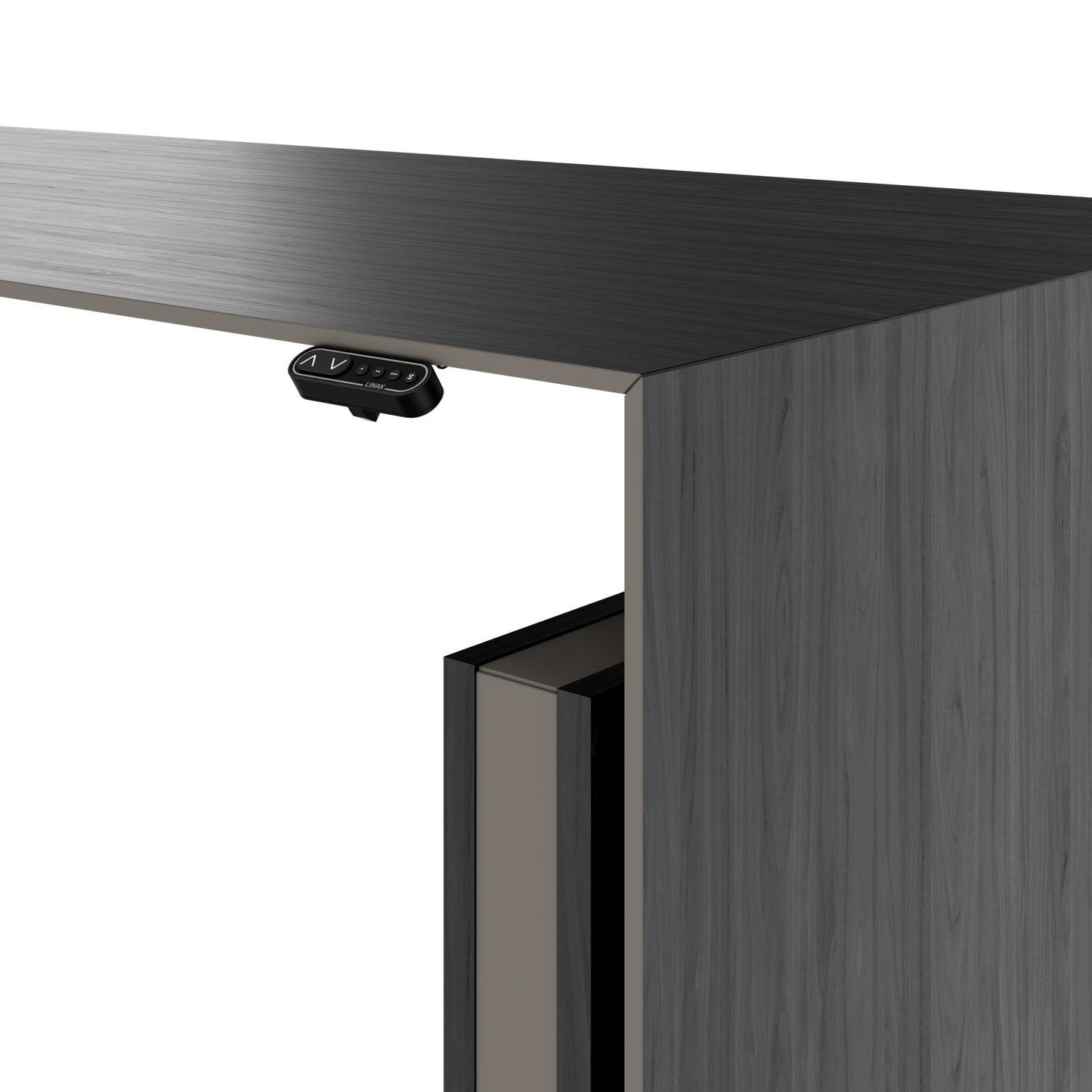 MOTION 2-Motoren-Schreibtisch mit Sideboard | Elektrisch höhenverstellbar, 2000 x 1800 mm, Esche Schwarz Furnier