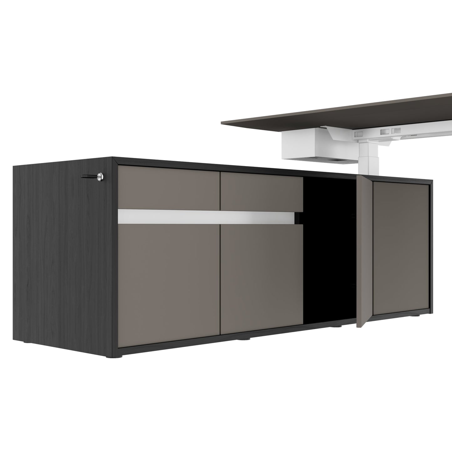 MOTION 2-Motoren-Schreibtisch mit Sideboard | Elektrisch höhenverstellbar, 2000 x 1800 mm, Esche Schwarz Furnier