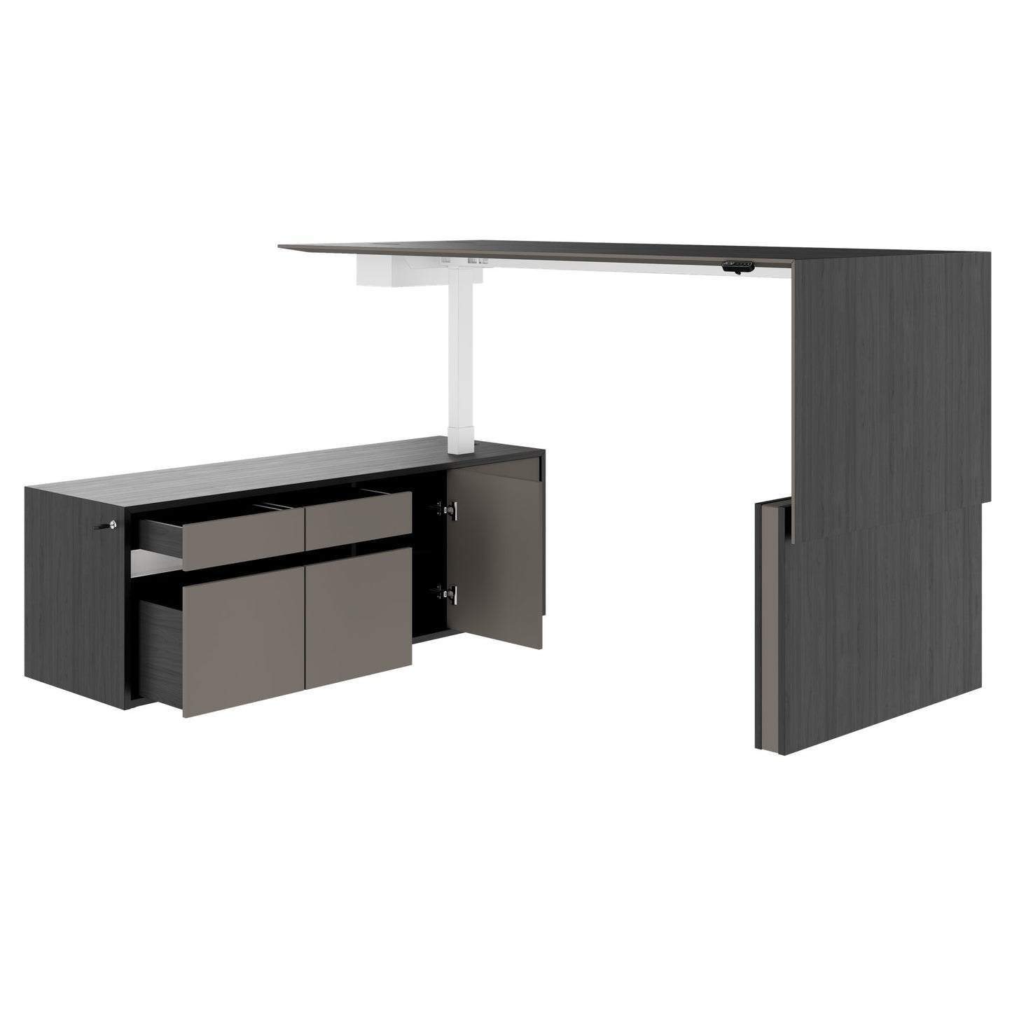 MOTION 2-Motoren-Schreibtisch mit Sideboard | Elektrisch höhenverstellbar, 2000 x 1800 mm, Esche Schwarz Furnier