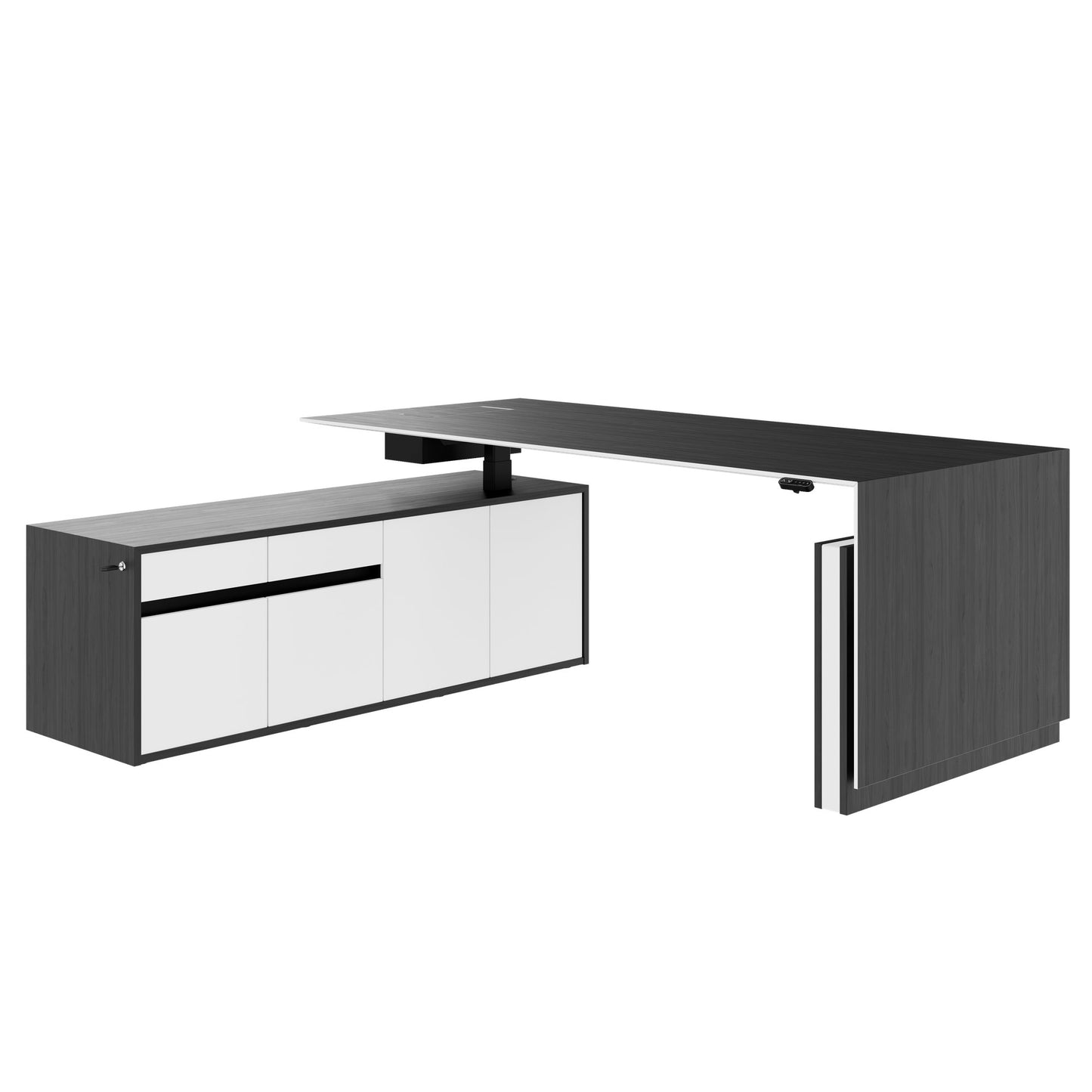 MOTION 2-Motoren-Schreibtisch mit Sideboard | Elektrisch höhenverstellbar, 2000 x 1800 mm, Esche Schwarz Furnier