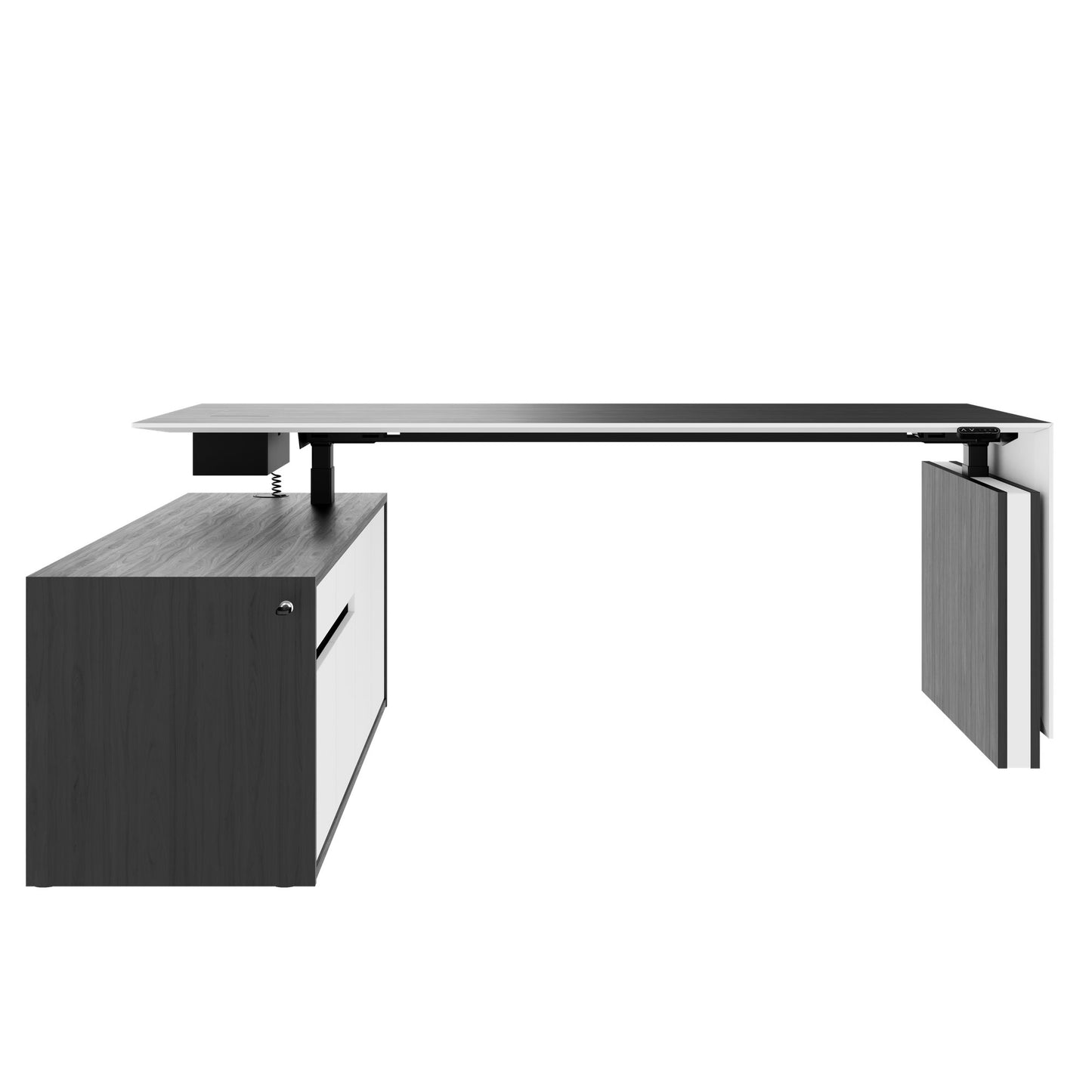 MOTION 2-Motoren-Schreibtisch mit Sideboard | Elektrisch höhenverstellbar, 2000 x 1800 mm, Esche Schwarz Furnier