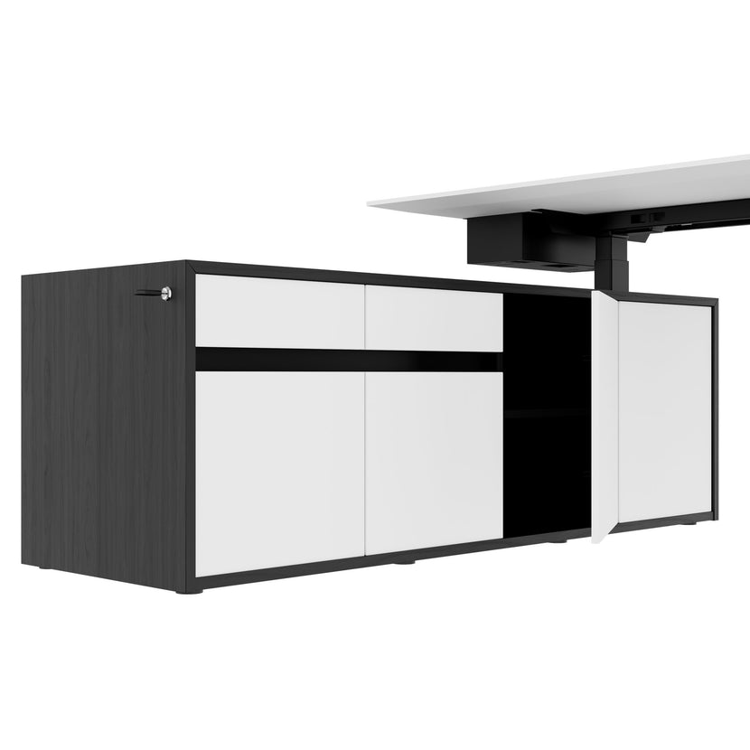 MOTION 2-Motoren-Schreibtisch mit Sideboard | Elektrisch höhenverstellbar, 2000 x 1800 mm, Esche Schwarz Furnier