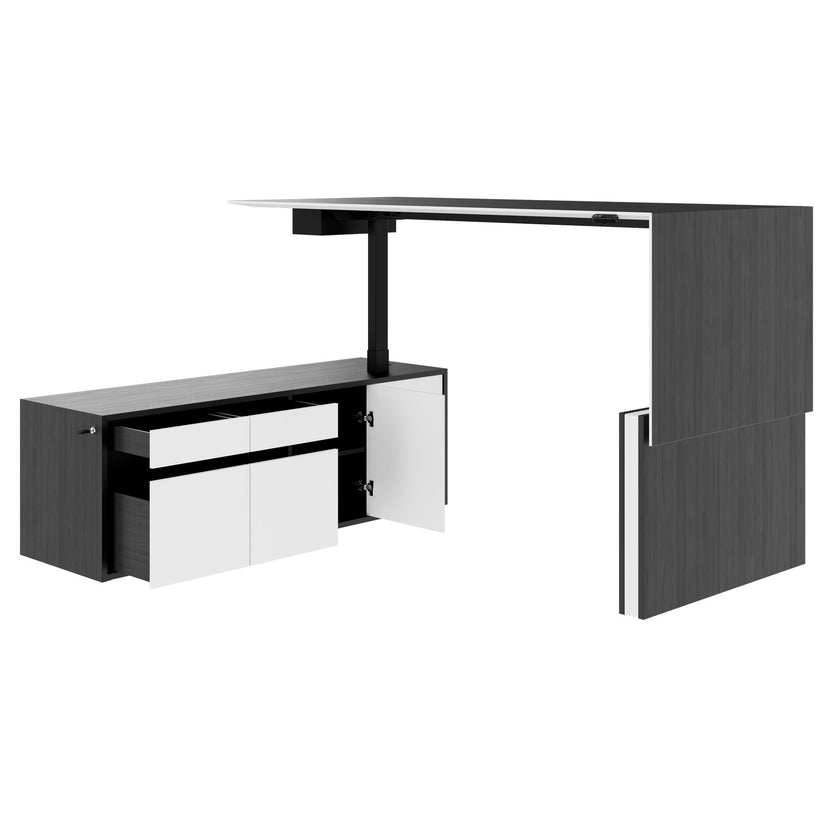 MOTION 2-Motoren-Schreibtisch mit Sideboard | Elektrisch höhenverstellbar, 2000 x 1800 mm, Esche Schwarz Furnier