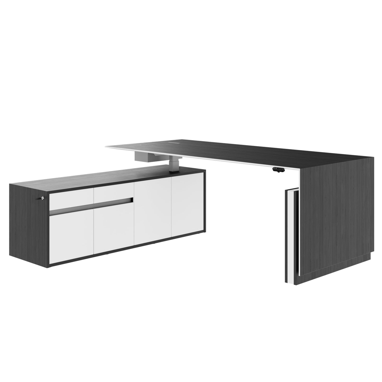 MOTION 2-Motoren-Schreibtisch mit Sideboard | Elektrisch höhenverstellbar, 2000 x 1800 mm, Esche Schwarz Furnier