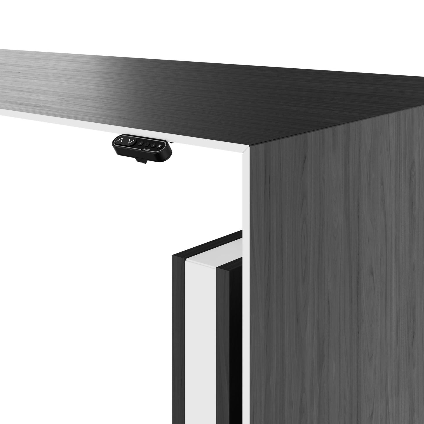 MOTION 2-Motoren-Schreibtisch mit Sideboard | Elektrisch höhenverstellbar, 2000 x 1800 mm, Esche Schwarz Furnier