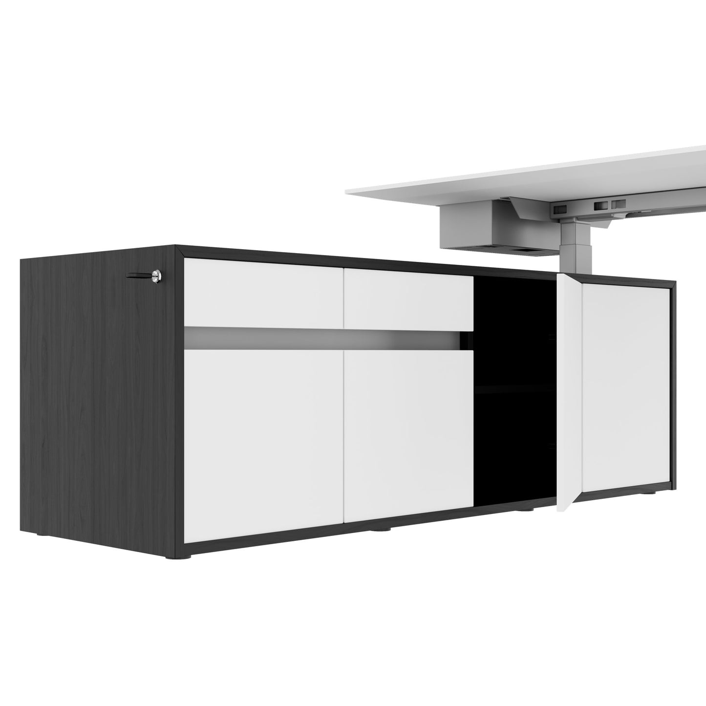 MOTION 2-Motoren-Schreibtisch mit Sideboard | Elektrisch höhenverstellbar, 2000 x 1800 mm, Esche Schwarz Furnier