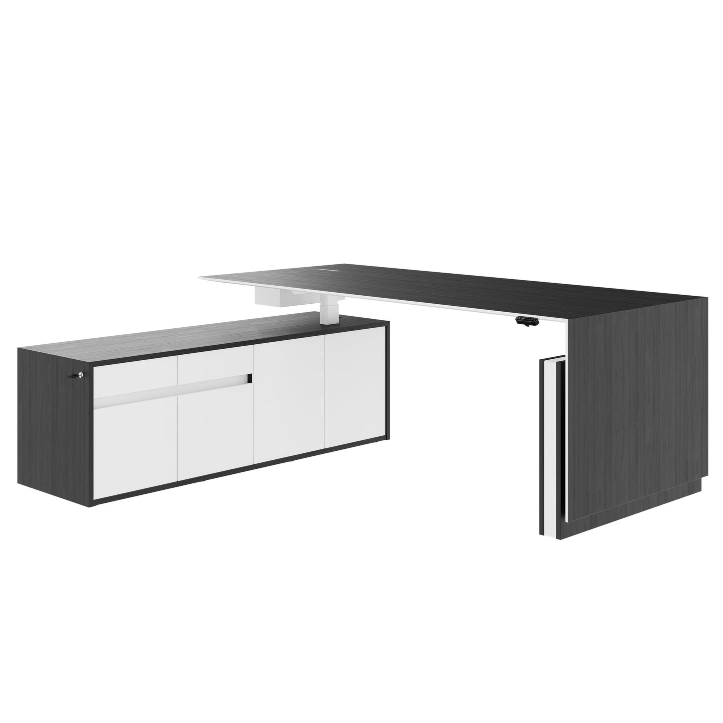 MOTION 2-Motoren-Schreibtisch mit Sideboard | Elektrisch höhenverstellbar, 2000 x 1800 mm, Esche Schwarz Furnier