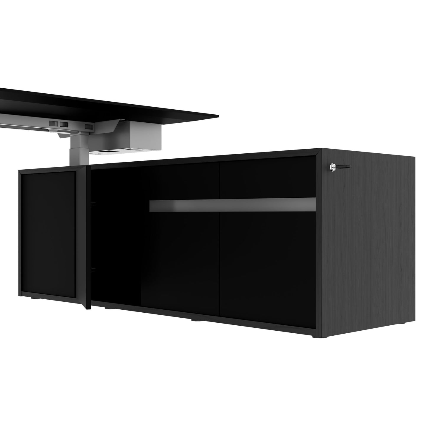MOTION 2-Motoren-Schreibtisch mit Sideboard | Elektrisch höhenverstellbar, 2000 x 1800 mm, Esche Schwarz Furnier