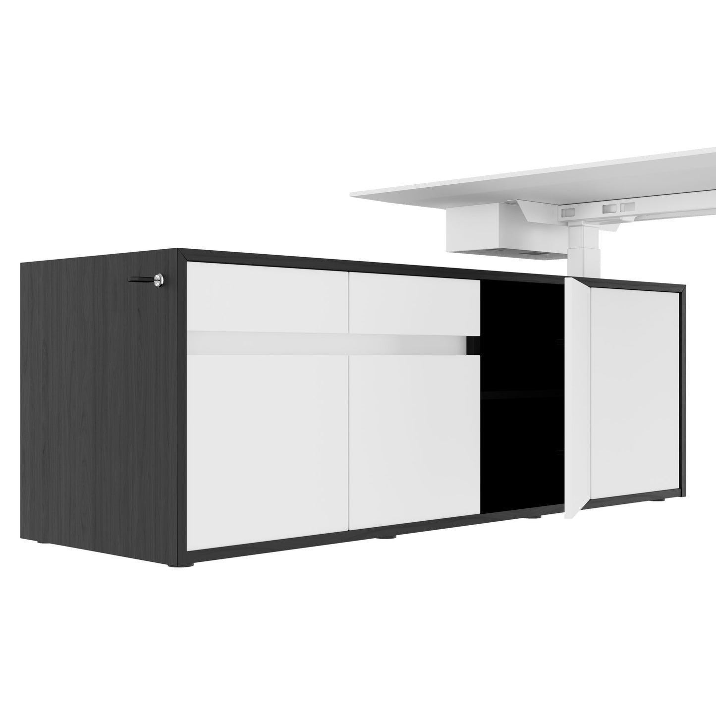 MOTION 2-Motoren-Schreibtisch mit Sideboard | Elektrisch höhenverstellbar, 2000 x 1800 mm, Esche Schwarz Furnier