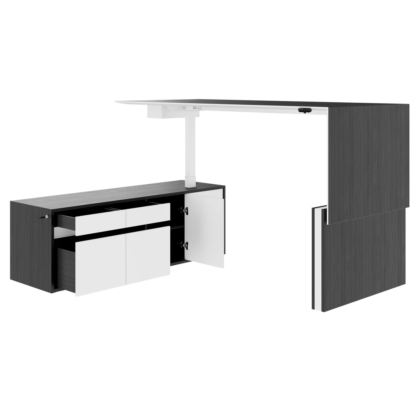 MOTION 2-Motoren-Schreibtisch mit Sideboard | Elektrisch höhenverstellbar, 2000 x 1800 mm, Esche Schwarz Furnier