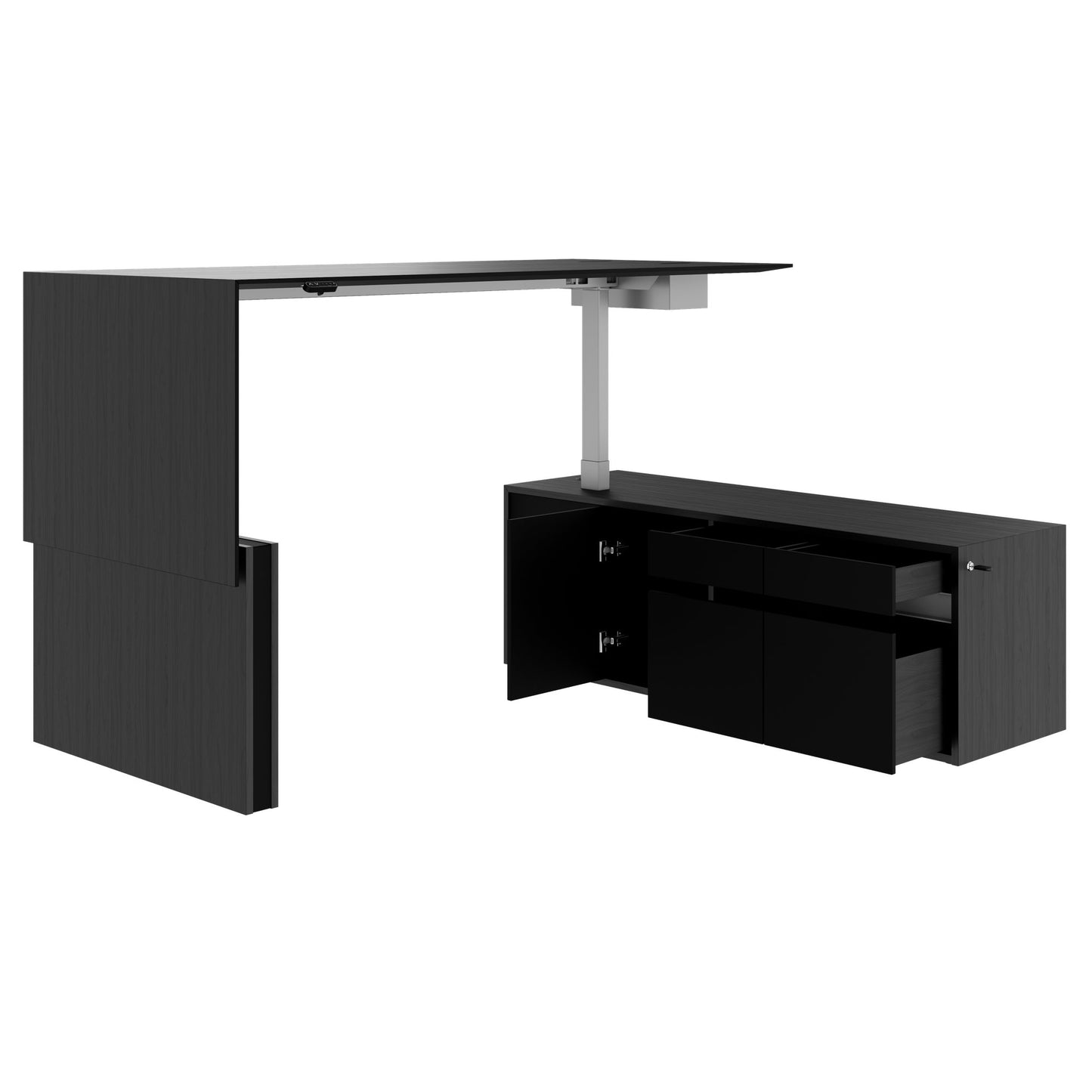 MOTION 2-Motoren-Schreibtisch mit Sideboard | Elektrisch höhenverstellbar, 2000 x 1800 mm, Esche Schwarz Furnier