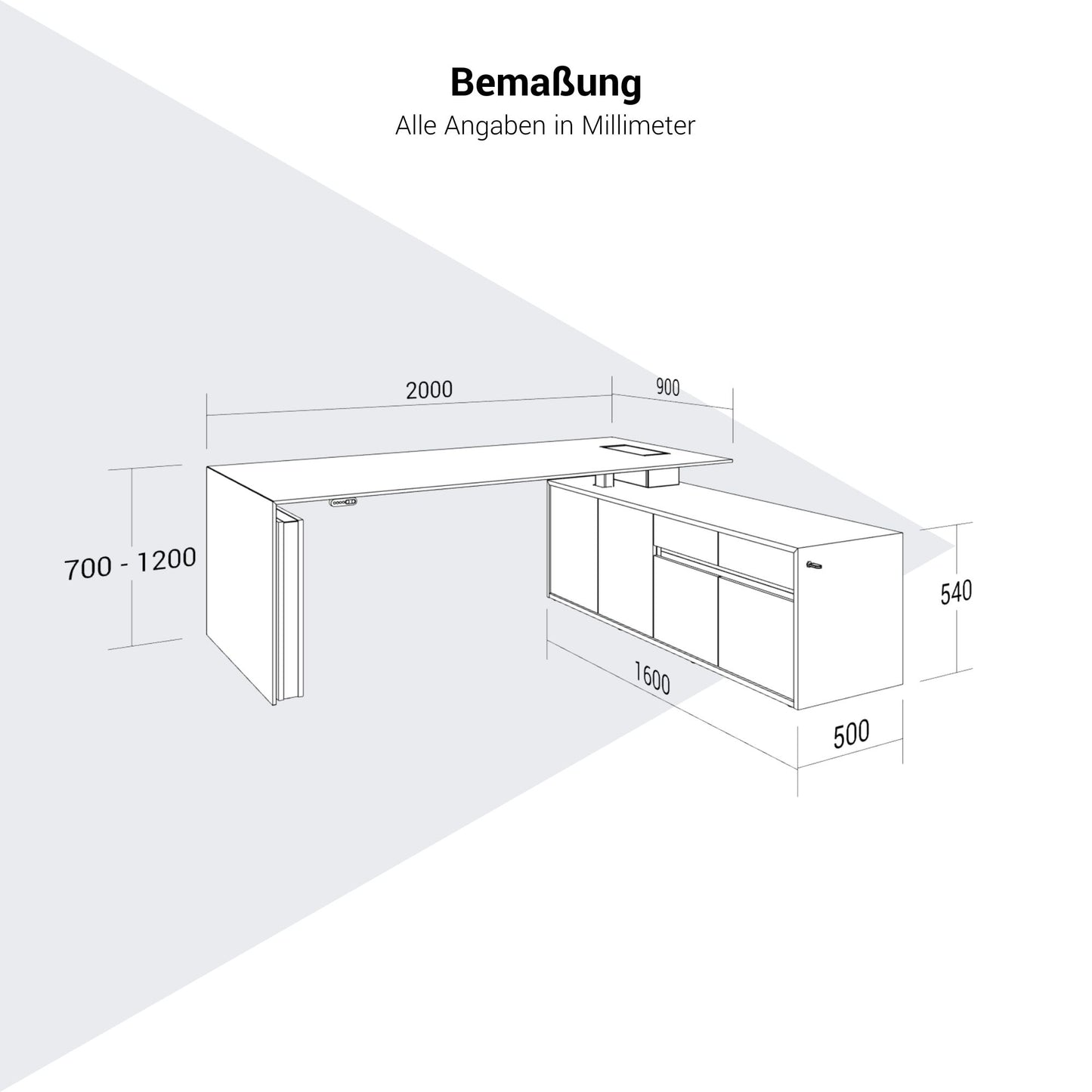 MOTION 2-Motoren-Schreibtisch mit Sideboard | Elektrisch höhenverstellbar, 2000 x 1800 mm, Esche Schwarz Furnier