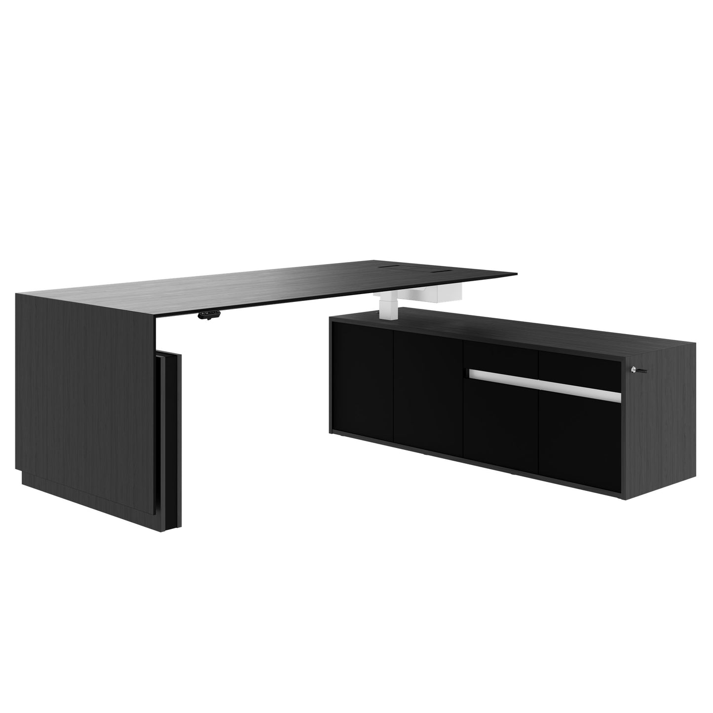 MOTION 2-Motoren-Schreibtisch mit Sideboard | Elektrisch höhenverstellbar, 2000 x 1800 mm, Esche Schwarz Furnier