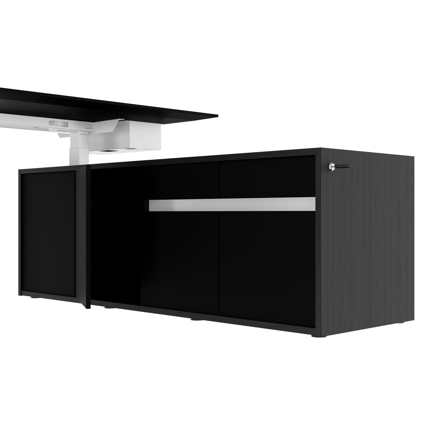 MOTION 2-Motoren-Schreibtisch mit Sideboard | Elektrisch höhenverstellbar, 2000 x 1800 mm, Esche Schwarz Furnier