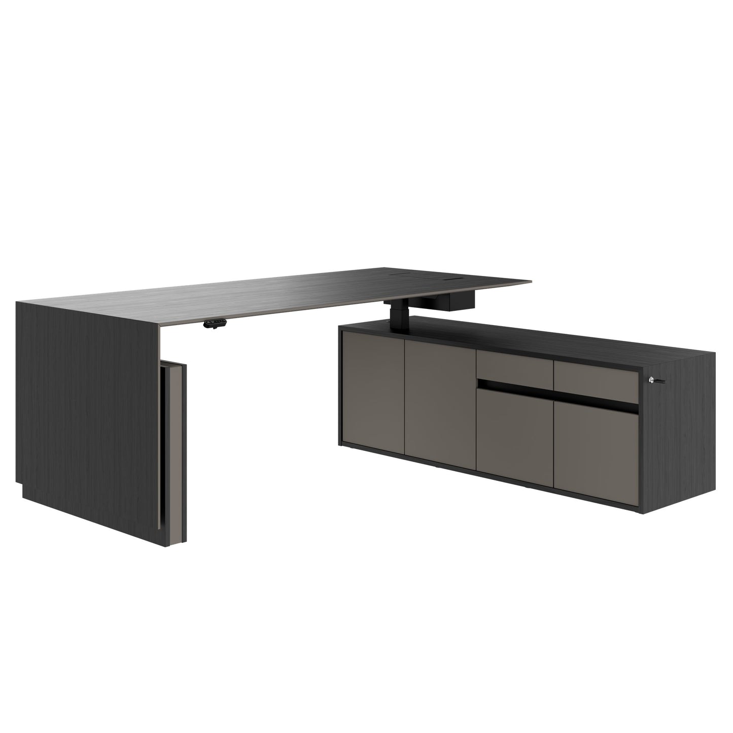 MOTION 2-Motoren-Schreibtisch mit Sideboard | Elektrisch höhenverstellbar, 2000 x 1800 mm, Esche Schwarz Furnier