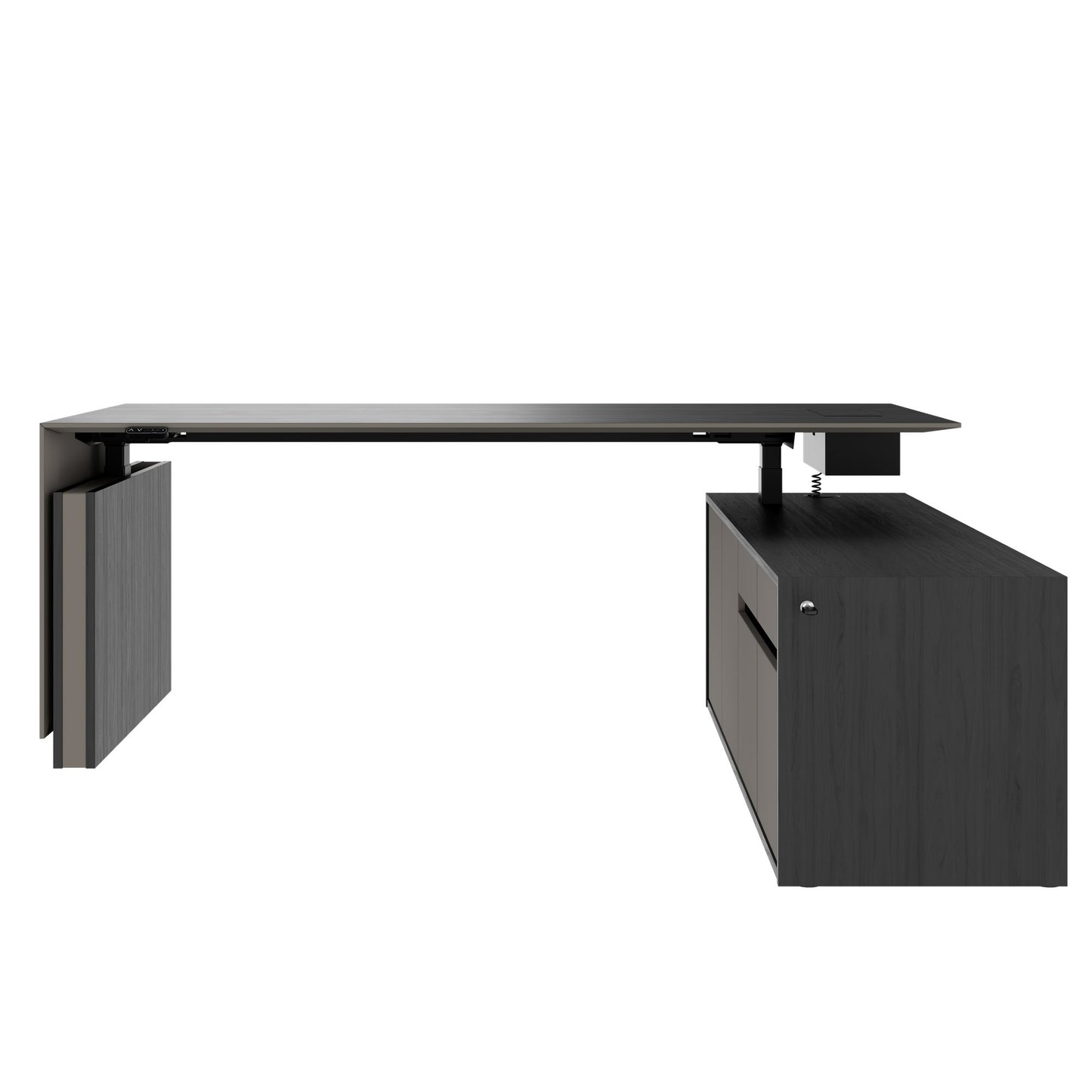 MOTION 2-Motoren-Schreibtisch mit Sideboard | Elektrisch höhenverstellbar, 2000 x 1800 mm, Esche Schwarz Furnier