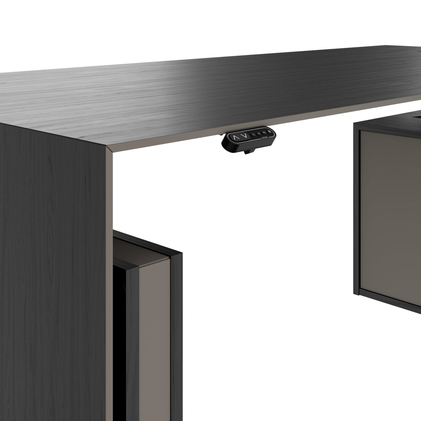 MOTION 2-Motoren-Schreibtisch mit Sideboard | Elektrisch höhenverstellbar, 2000 x 1800 mm, Esche Schwarz Furnier