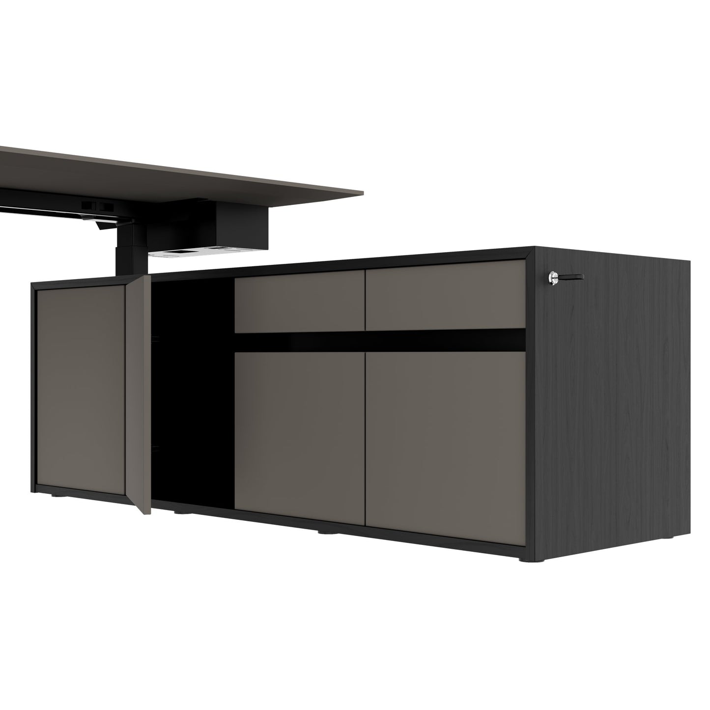 MOTION 2-Motoren-Schreibtisch mit Sideboard | Elektrisch höhenverstellbar, 2000 x 1800 mm, Esche Schwarz Furnier