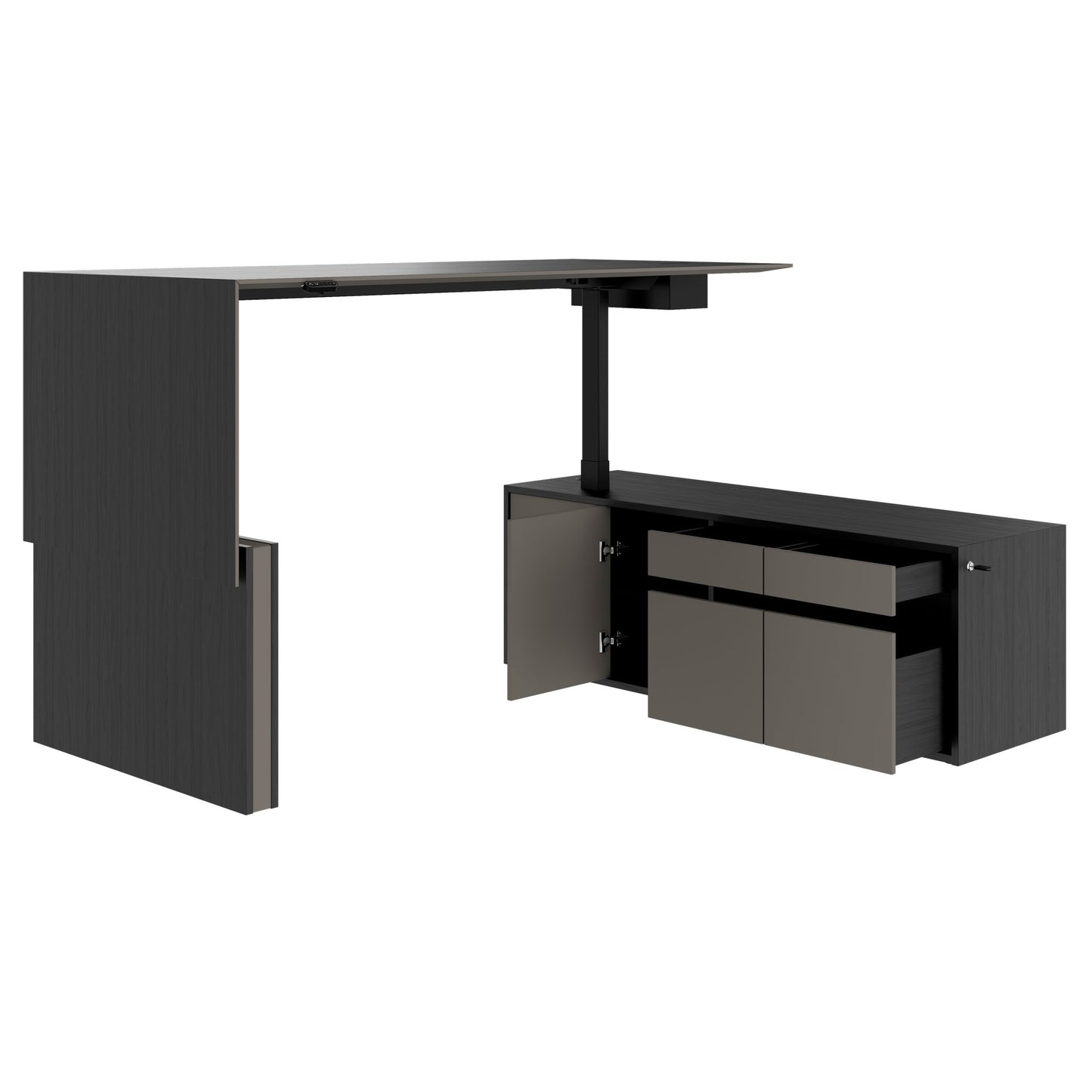 MOTION 2-Motoren-Schreibtisch mit Sideboard | Elektrisch höhenverstellbar, 2000 x 1800 mm, Esche Schwarz Furnier