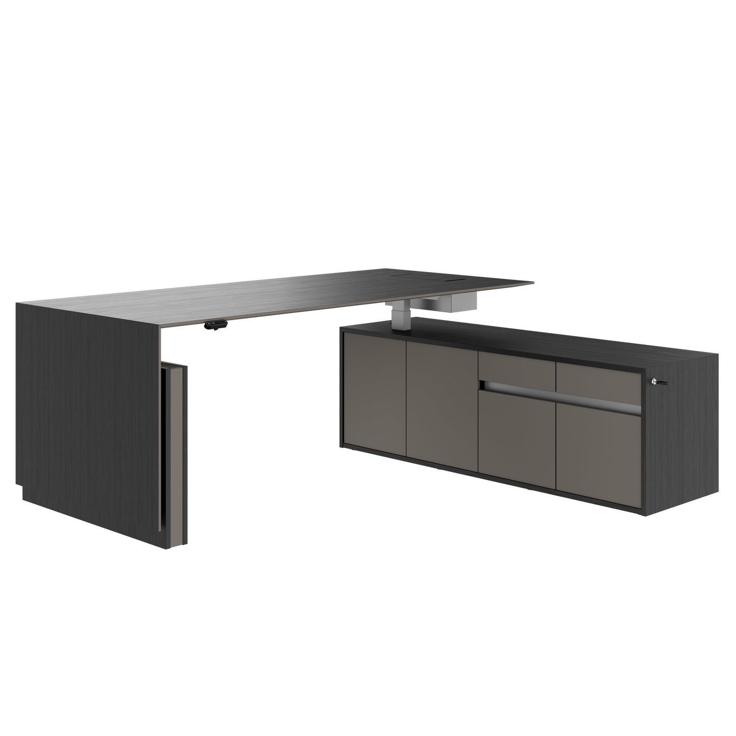 MOTION 2-Motoren-Schreibtisch mit Sideboard | Elektrisch höhenverstellbar, 2000 x 1800 mm, Esche Schwarz Furnier