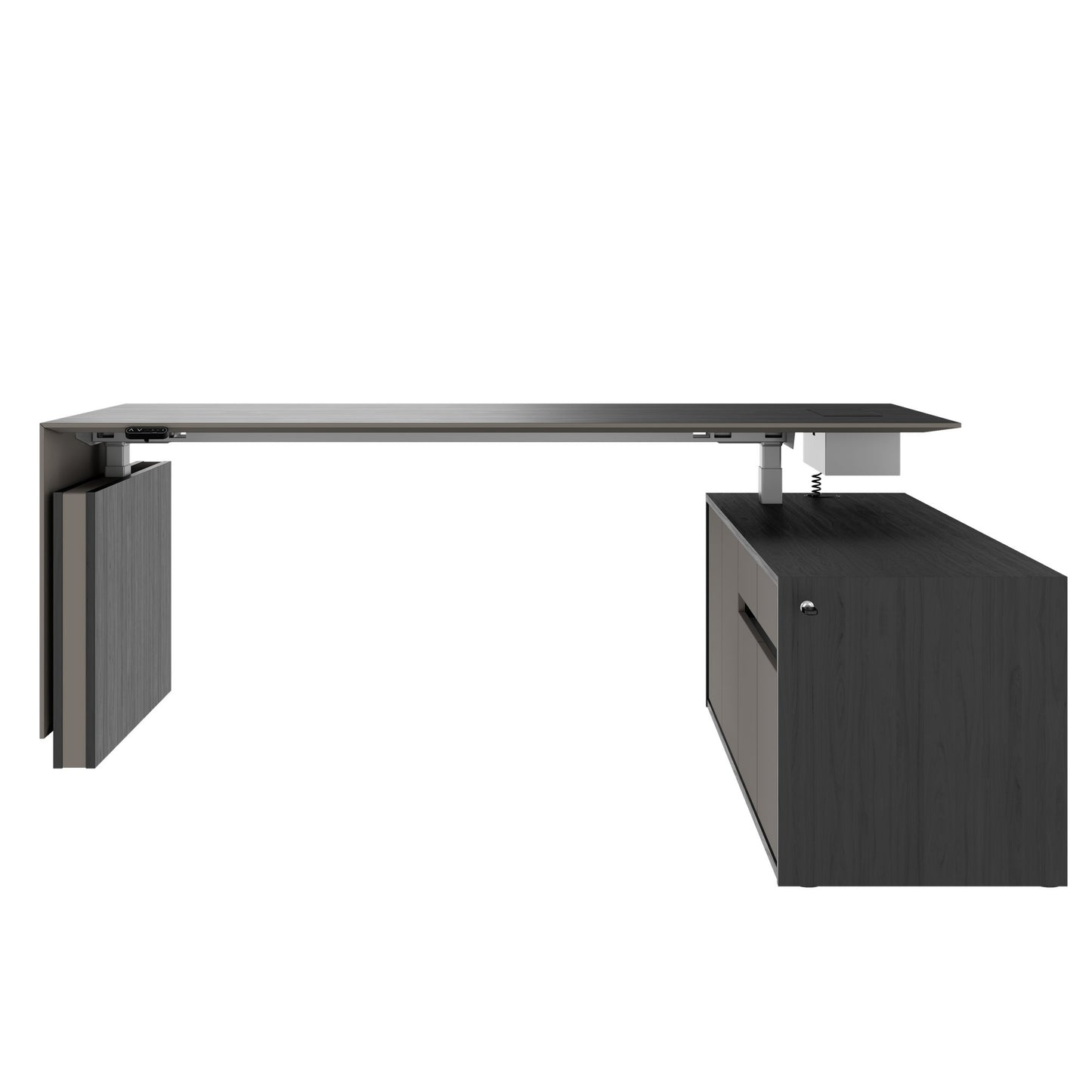 MOTION 2-Motoren-Schreibtisch mit Sideboard | Elektrisch höhenverstellbar, 2000 x 1800 mm, Esche Schwarz Furnier