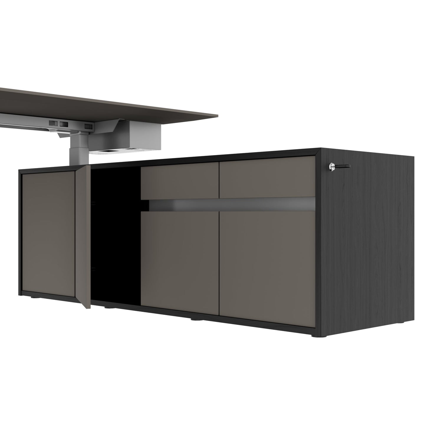 MOTION 2-Motoren-Schreibtisch mit Sideboard | Elektrisch höhenverstellbar, 2000 x 1800 mm, Esche Schwarz Furnier